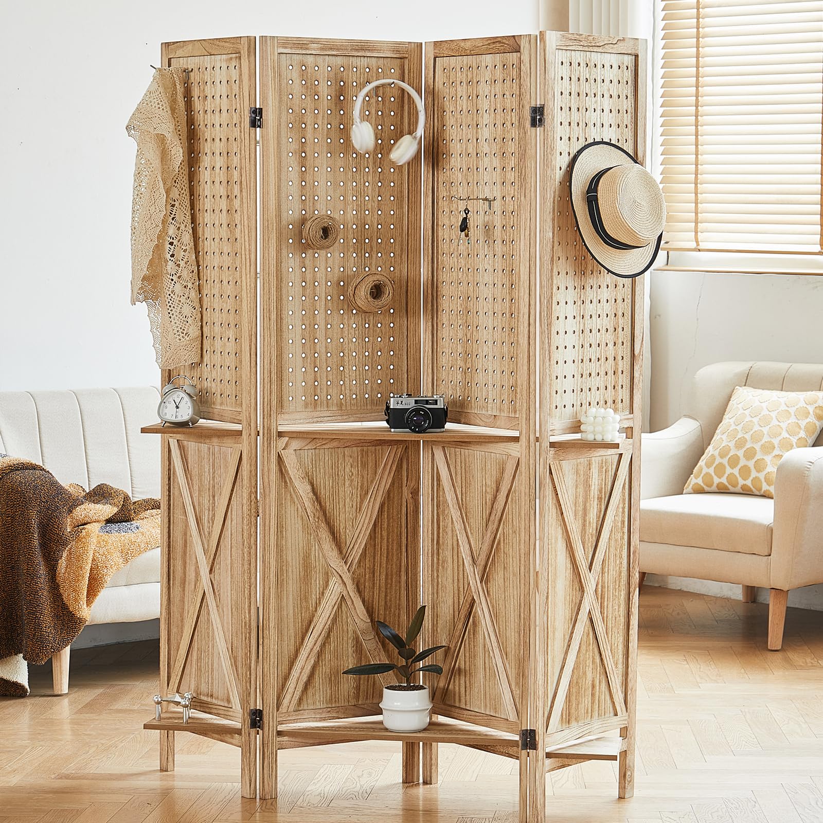 Leesinwing Pegboard Room Divider with Shelves, 4 Panel Wood Room Divider and Folding Privacy Screen, Peg Board Display Stand Wall Divider for Room