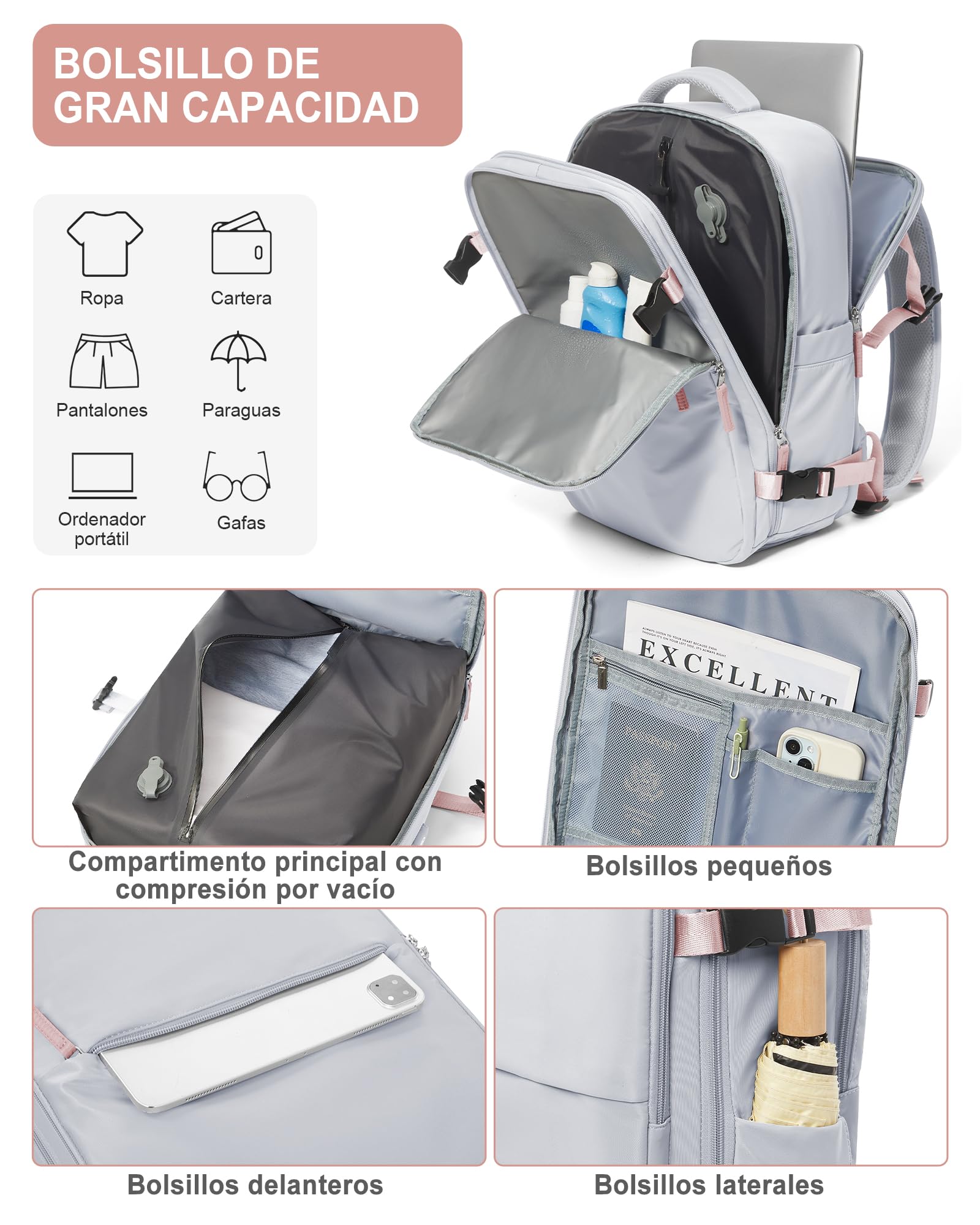 suradar Mochila al Vacío, Mochila Viaje Vacio con Bomba Travel Backpack Bolsa de Cabina Avion 45x36x20 para EasyJet Equipaje de Mano con Sistema Compresion para Hombre y Mujer Gris