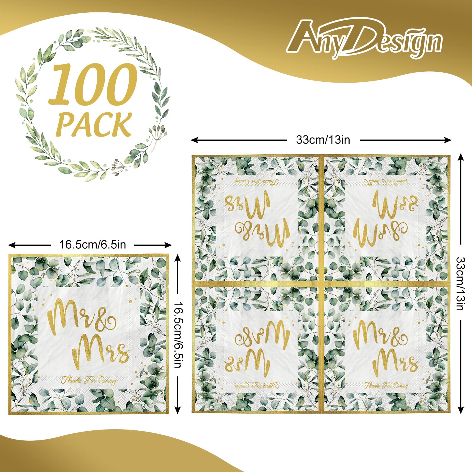 AnyDesign 100 Stück Hochzeit Servietten 16,5 cm grüne Folie Gold Mr & Mrs Luncheon Servietten Eukalyptus Blätter Einweg Dekorative Abendessen Papierservietten für Brautdusche Verlobung Hochzeit Party