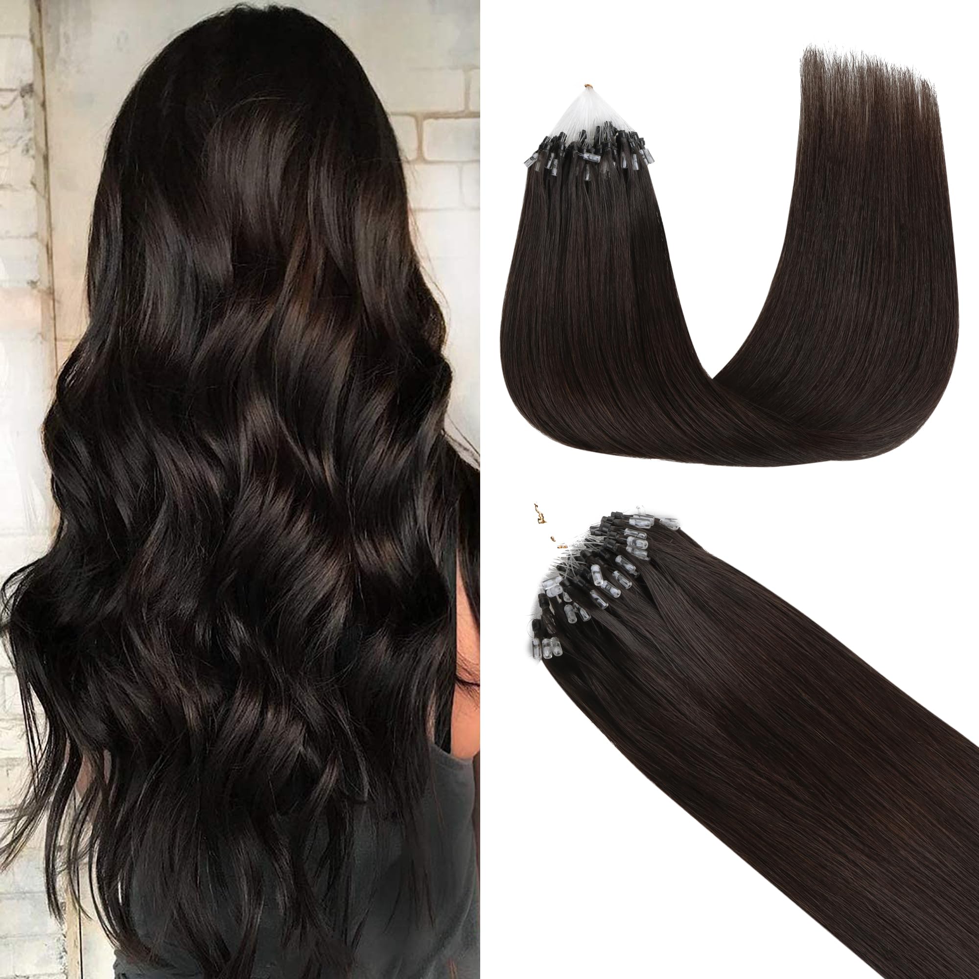 GOO GOO Micro Loop Hair Extensions Real Human Hair, Dark Brown 50g 16inch 50 Strands Cold Fusion Micro Bead Extensions