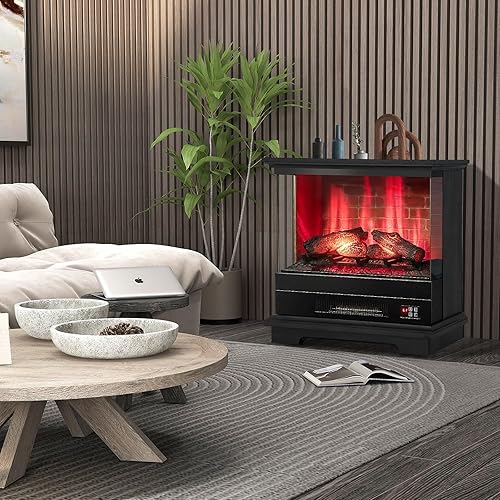 Miniatura 9 de Tangkula Calentador eléctrico de chimenea de 27 pulgadas, estufa independiente sin montaje con control remoto, vista de 3 lados, 7 efectos de llama,