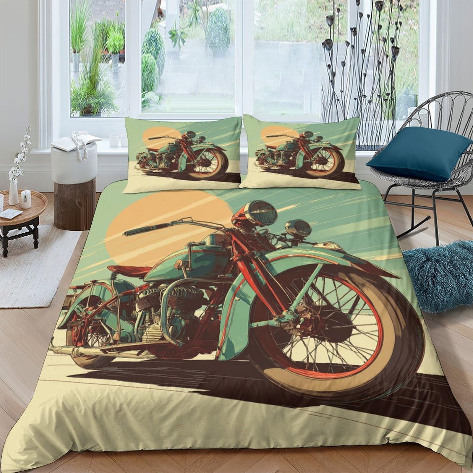 Ctjqhvkz Style-9 3D Printed Vintage Motorcycle Fitted Sheet Microfiber Soft Breathable Sunset Bed Cover For Bedroom Guest Dorm Decor Single（135X200cm）
