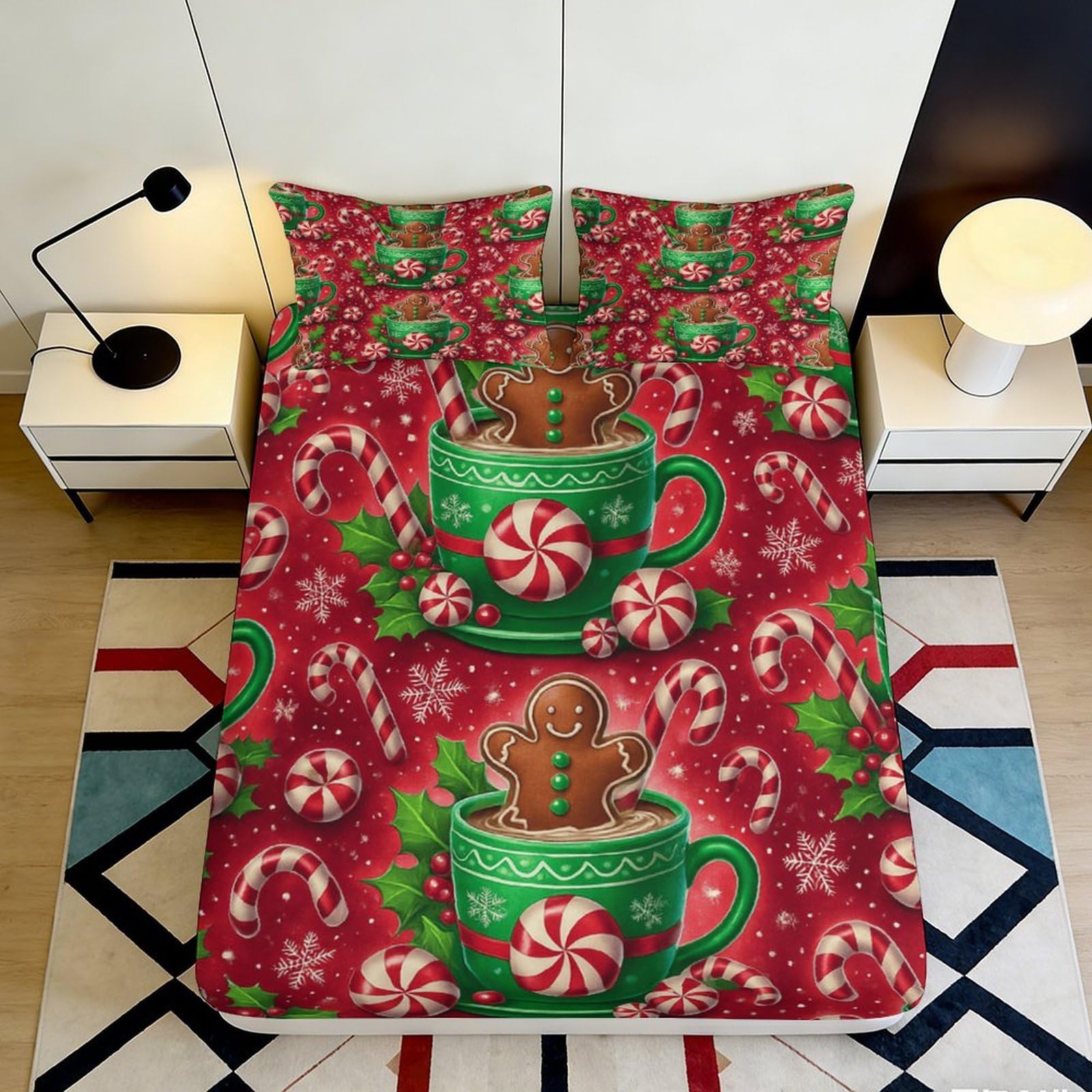 3D Printed Christmas Gingerbread Fitted Sheet Microfiber Soft Breathable Candy Cane Bed Cover for Bedroom Dormitory Guest Room Mattress Protection 160x200x25cm