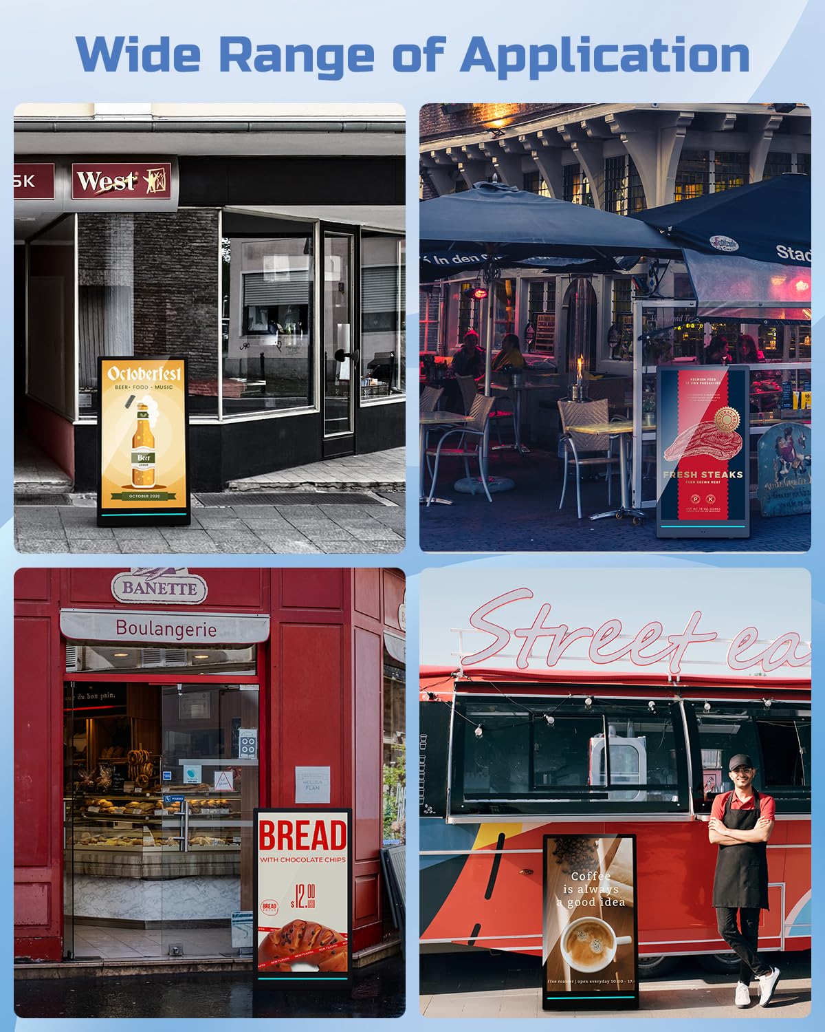 55'' Pantalla Publicidad Exterior Alta Luminosidad 2000Nits, Digital Signage Display Móvil con Baterías Recargables y Ruedas, IP65 Resistente, para Restaurante, Food Trucks, Puestos Callejeros