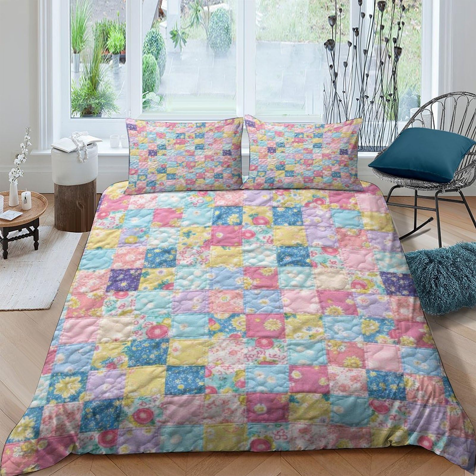 Ctjqhvkz Style-8 3D Printed Patchwork Pastel Fitted Sheet Microfiber Soft Colourful Floral Bed Cover For Bedroom Guest Room Decor Single（135X200cm）