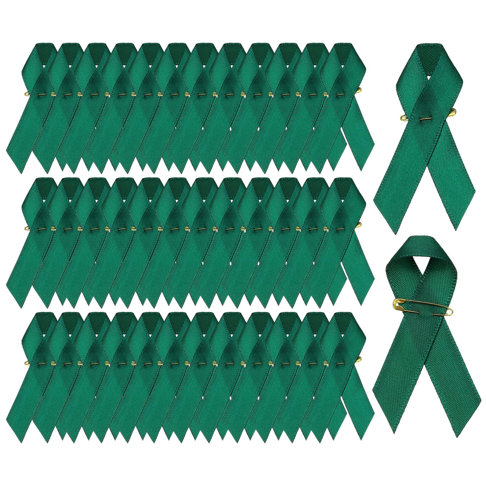 YELARXI Satin Awareness Ribbons, Satin Ribbon with Pins - Fitting for (Charity Public - Social Event - Party Event - Clothing Decoration) 100 Pcs & 3 Inch & Dark Green