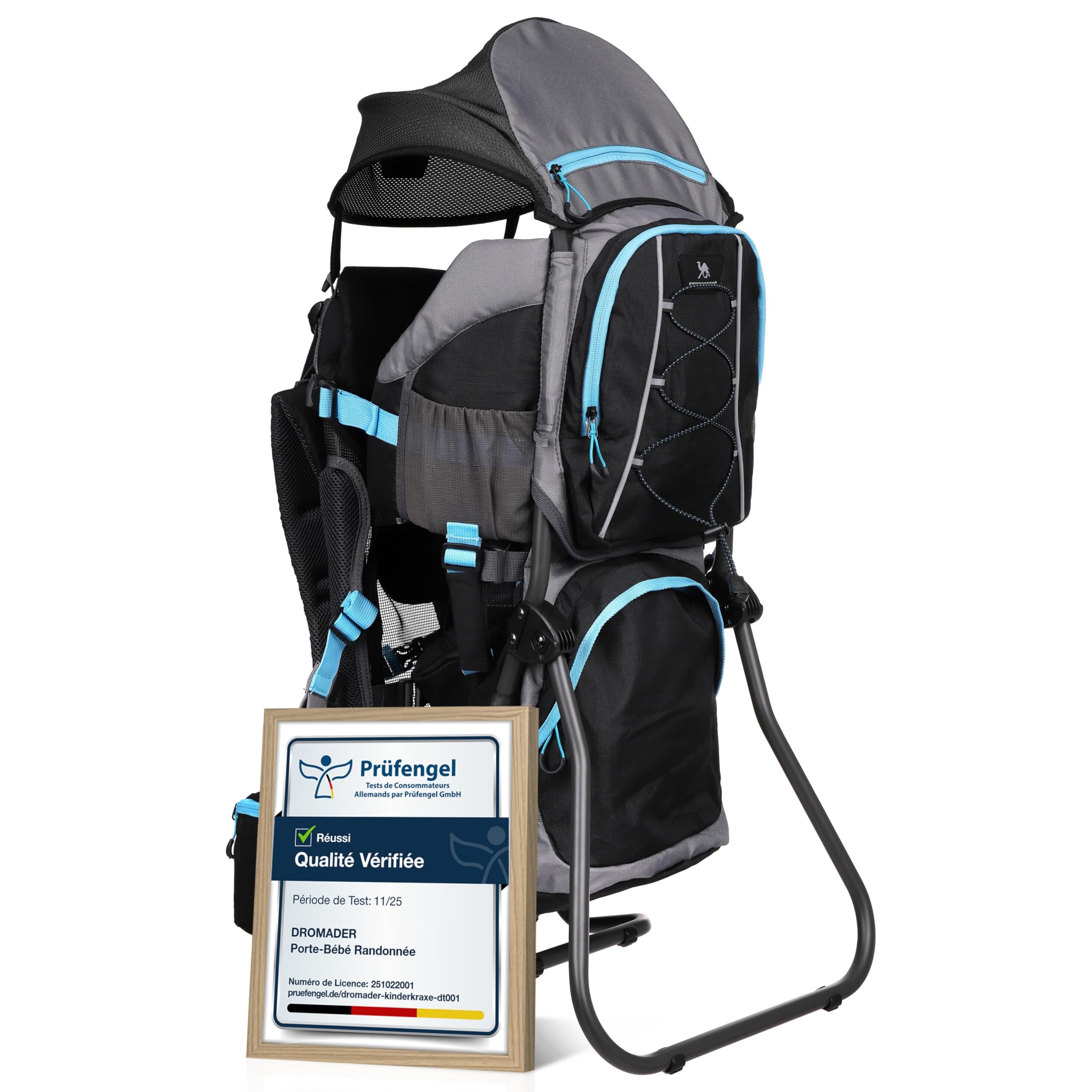 DROMADER Porte-Bébé Randonnée - Sac à Dos Porte Bébé Confortable Dorsal jusqu'à 22kg avec Pare-Soleil, Protection Pluie, Poche Isolante, Matelas à Langer - Cadre Pliable à Une Main - Noir et Bleu