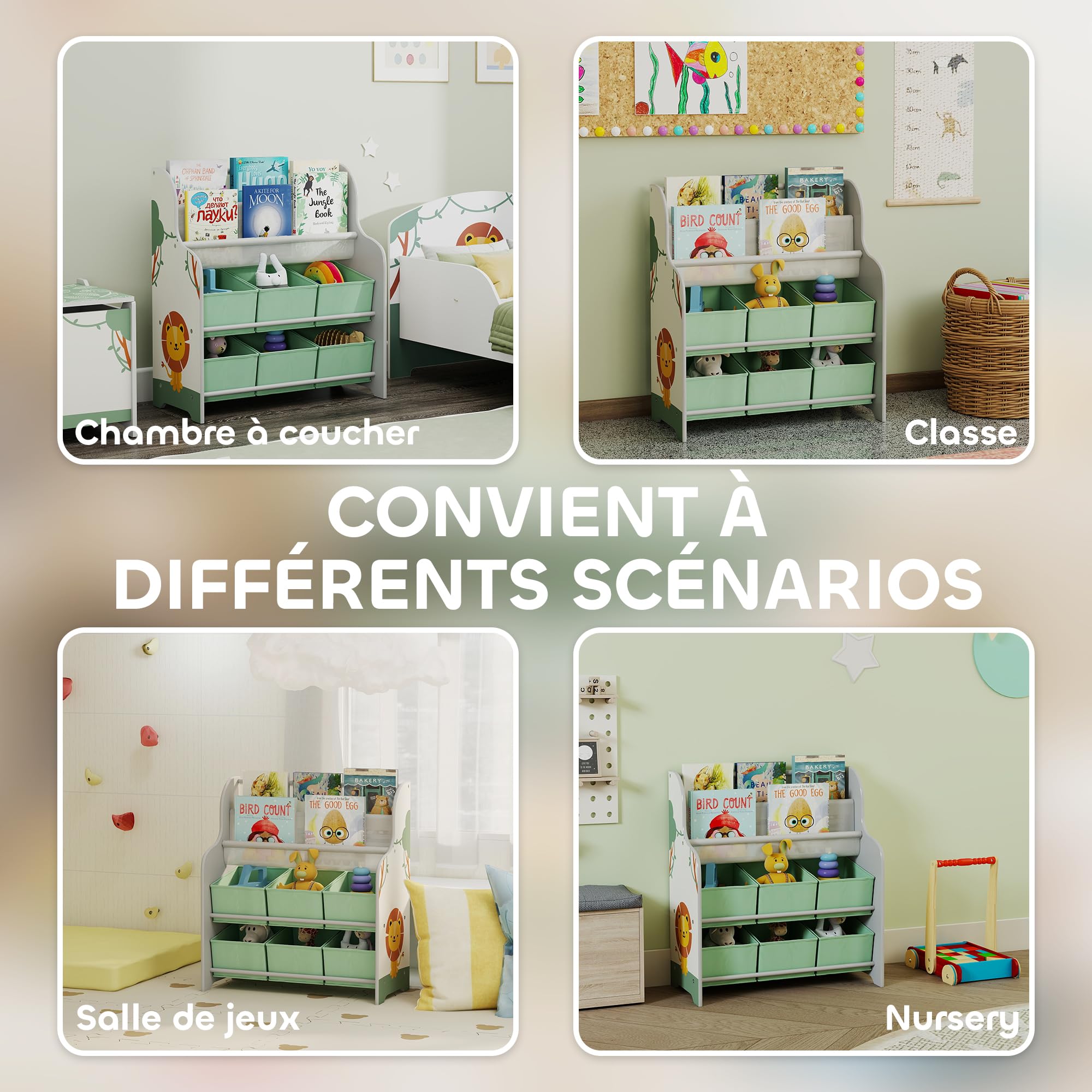 AIYAPLAY Meuble Rangement Enfant, Rangement Jouet Enfant, 6 tiroirs en Tissu et étagère à Deux Niveaux, bibliothèque pour Chambre ou Salle de Jeux, 63x30x71cm, Vert