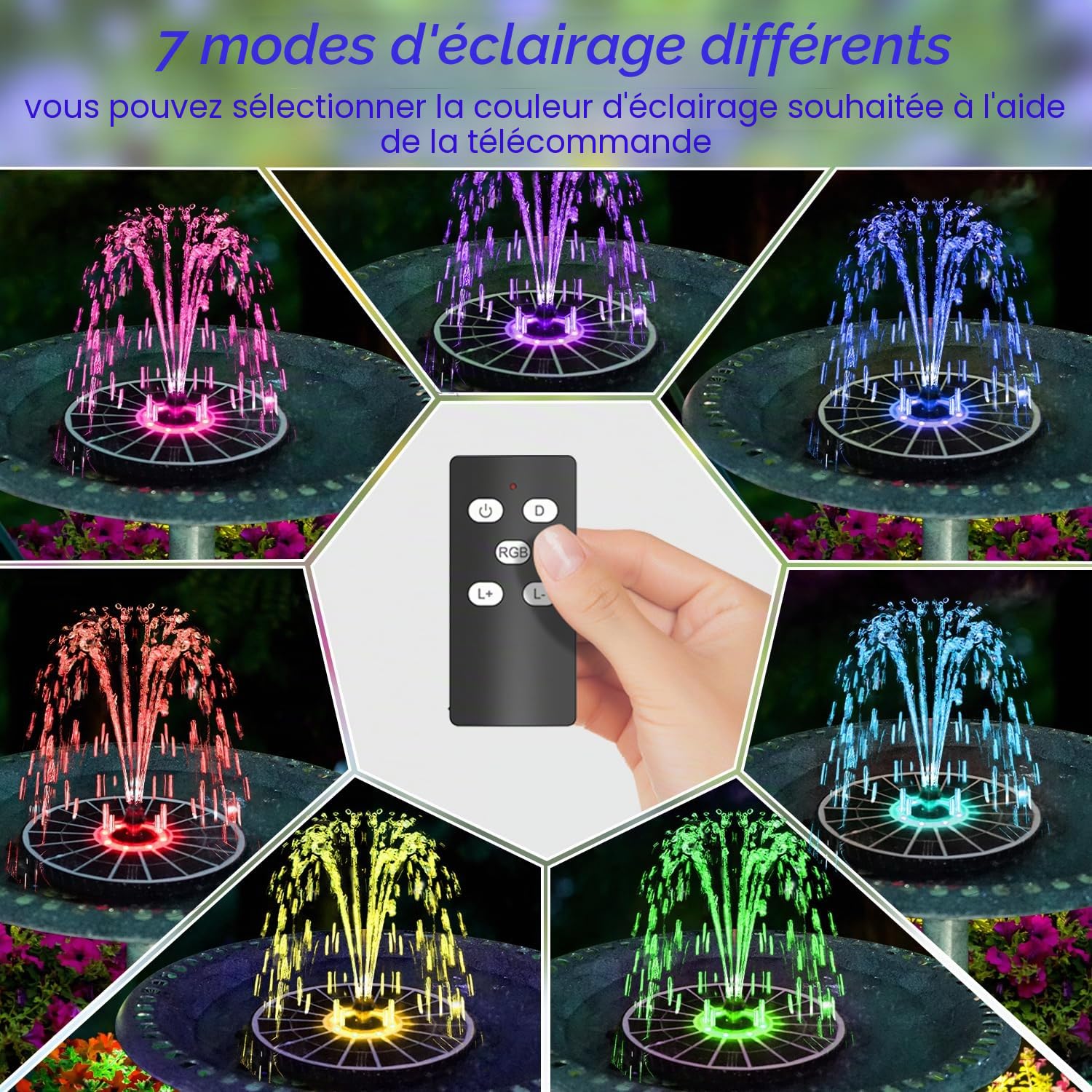 SZMP Fontaine Solaire avec Télécommande, Fontaine Solaire Verre avec 4000mAh Batterie, 7 Buses & 4 Tiges Fixes de Jardin Solaire Pompe pour Bain d'oiseaux, Jardin