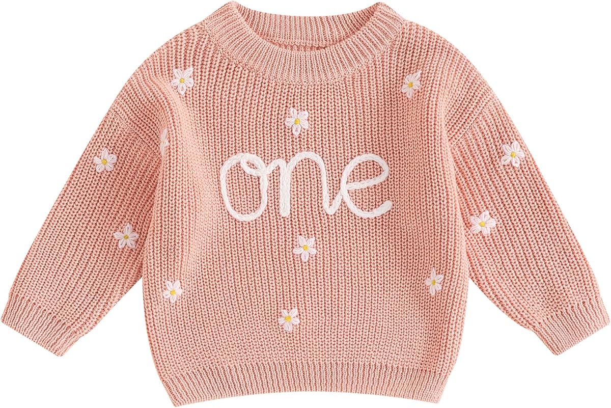 Baby Girl First Birthday Sweater Casual Long Sleeve Crew Neck Letter Flower Embroidery Ribbed Knit Pullover Warm Sweater Toddler Clothes Knitwear Girls Birthday Gift