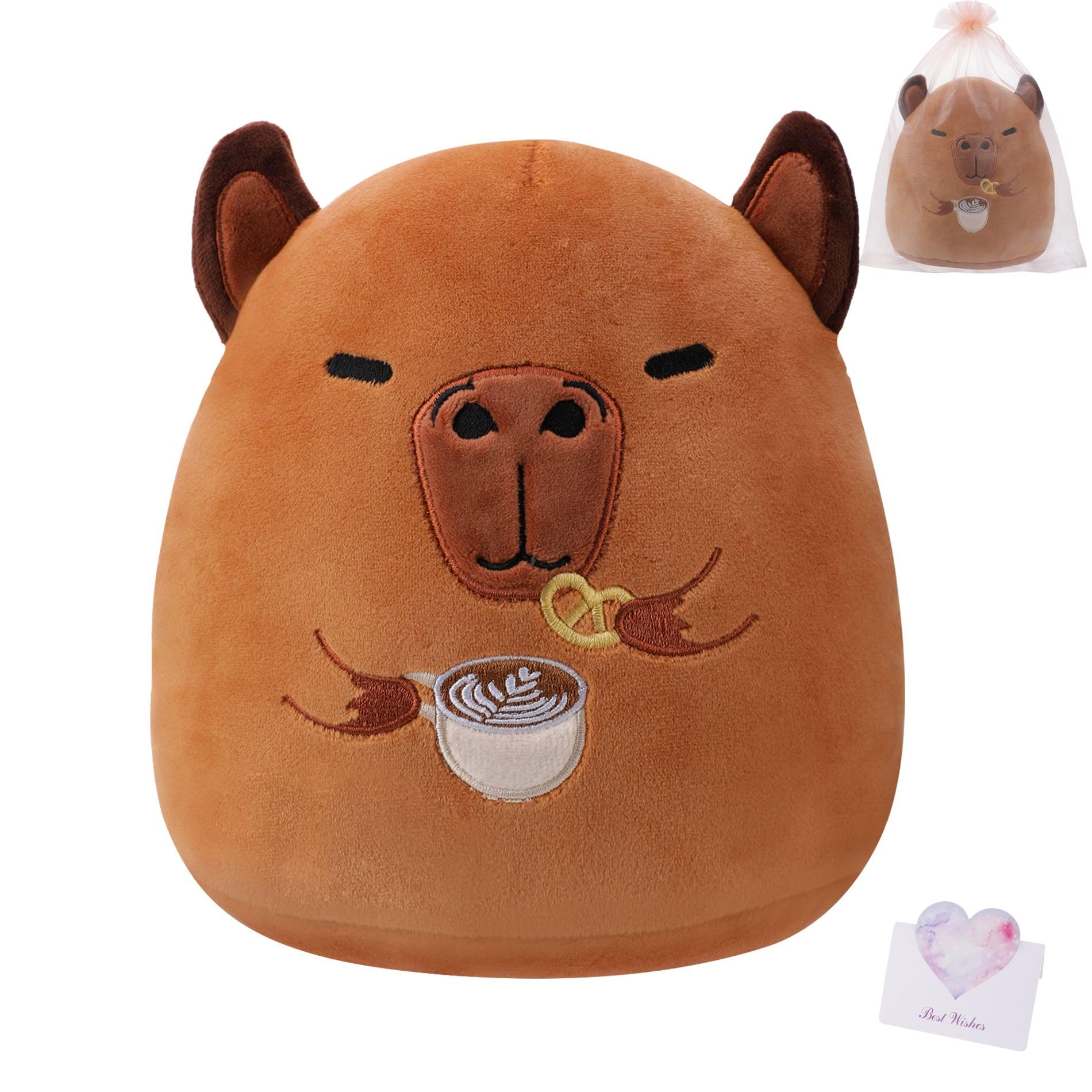 NIUBEHOHO Capybara Plush Coffee Lover's Gift - Capybara Stuffed Animal Pillow for Kids, Mother's Gift with Free Mesh Bag Greeting Card