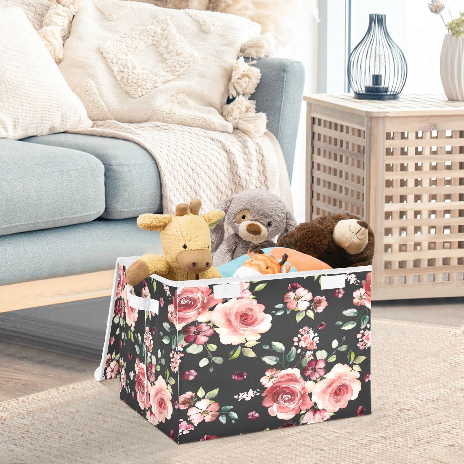 Mnsruu Storage Boxes with Lids, Shaby Chic Rose Peony Dark Grey Large Storage Basket Organizer Shelves Cube Bin Toy Clothes Underbed - Image 2