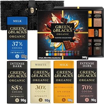 Green & Black's Chocolate Lovers Hamper Basket Gift - Birthday, Christmas, Thank You gift. Including G&B Tasting Collection,Milk, Butterscotch, White, Dark 70% and Dark 85% bars