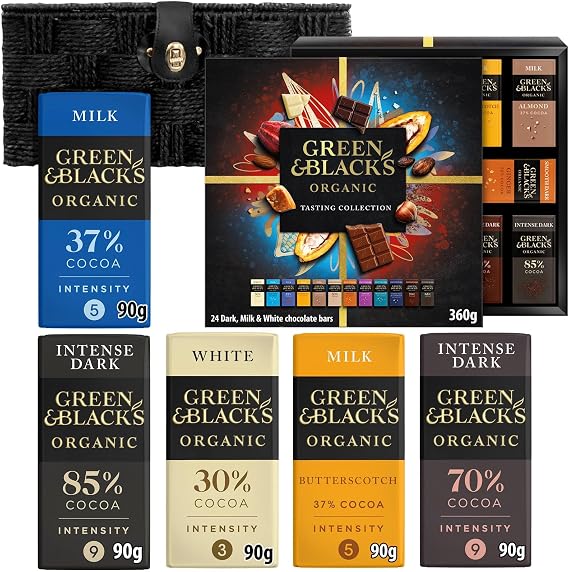 Green & Black's Chocolate Lovers Hamper Basket Gift - Birthday, Christmas, Thank You gift. Including G&B Tasting Collection,Milk, Butterscotch, White, Dark 70% and Dark 85% bars
