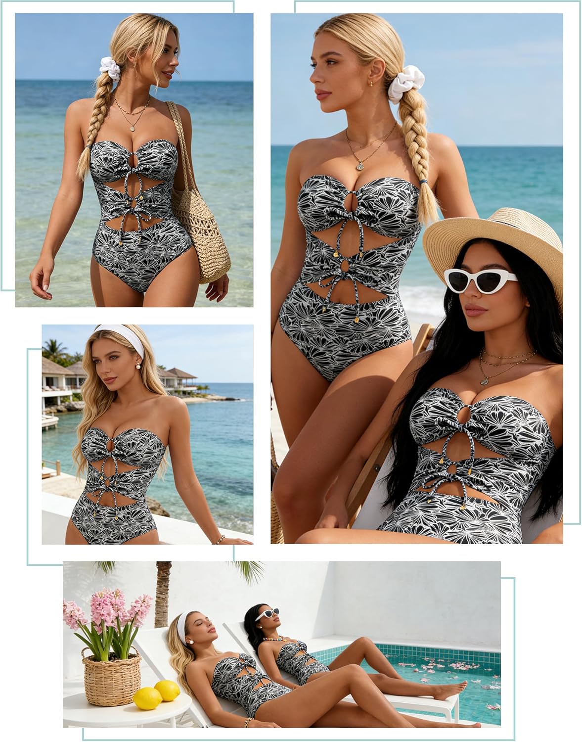 XUNYU Bandeau One Piece Swimsuits for Women Sexy Cutout Strapless Monokini Tummy Control Bathing Suit Floral Swim Suits Teens - Image 9