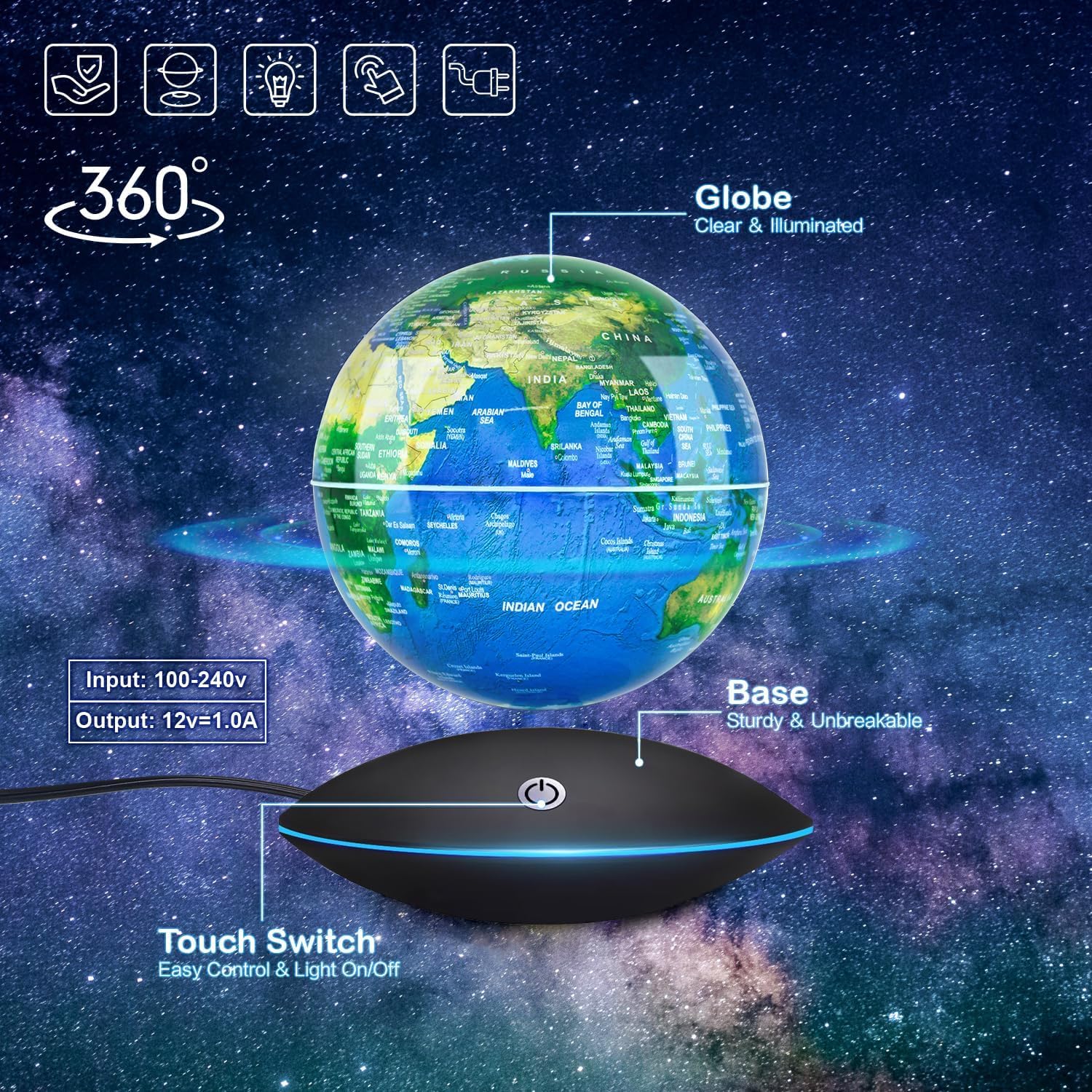 Globo Flotante de levitación magnética Mapa Mundial rotativo - Globo antigravedad para Regalo Educativo - Oficina en casa Decoración de Escritorio de Clase – (Azul EUR Enchufe)