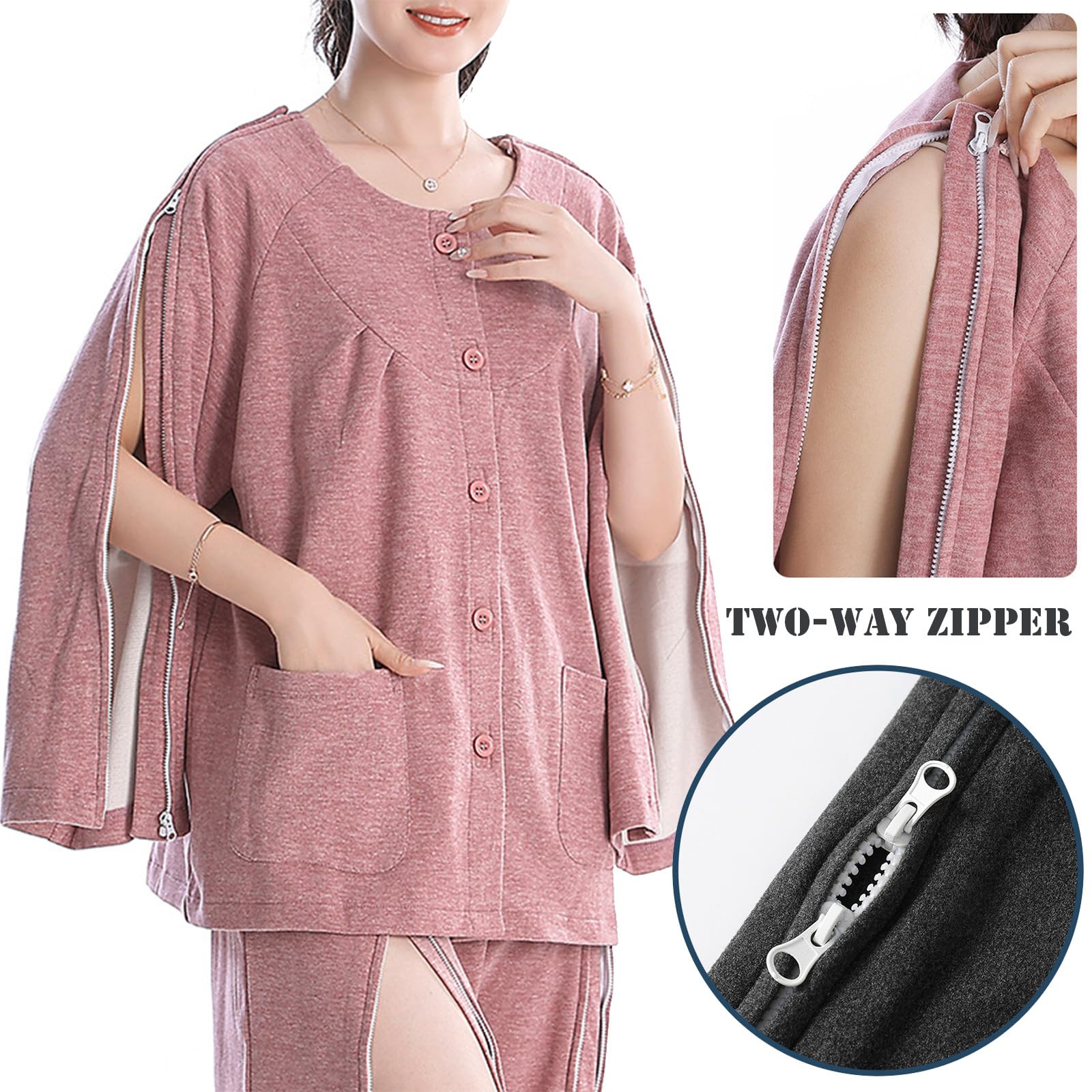 Bedridden Patient Kleidung, Pflege Frauen Krankenhaus Kleid Weiches Patienten Kleid, Fraktur Wiederherstellung Anzug Krankenhaus Pyjamas,Rosa,XXL