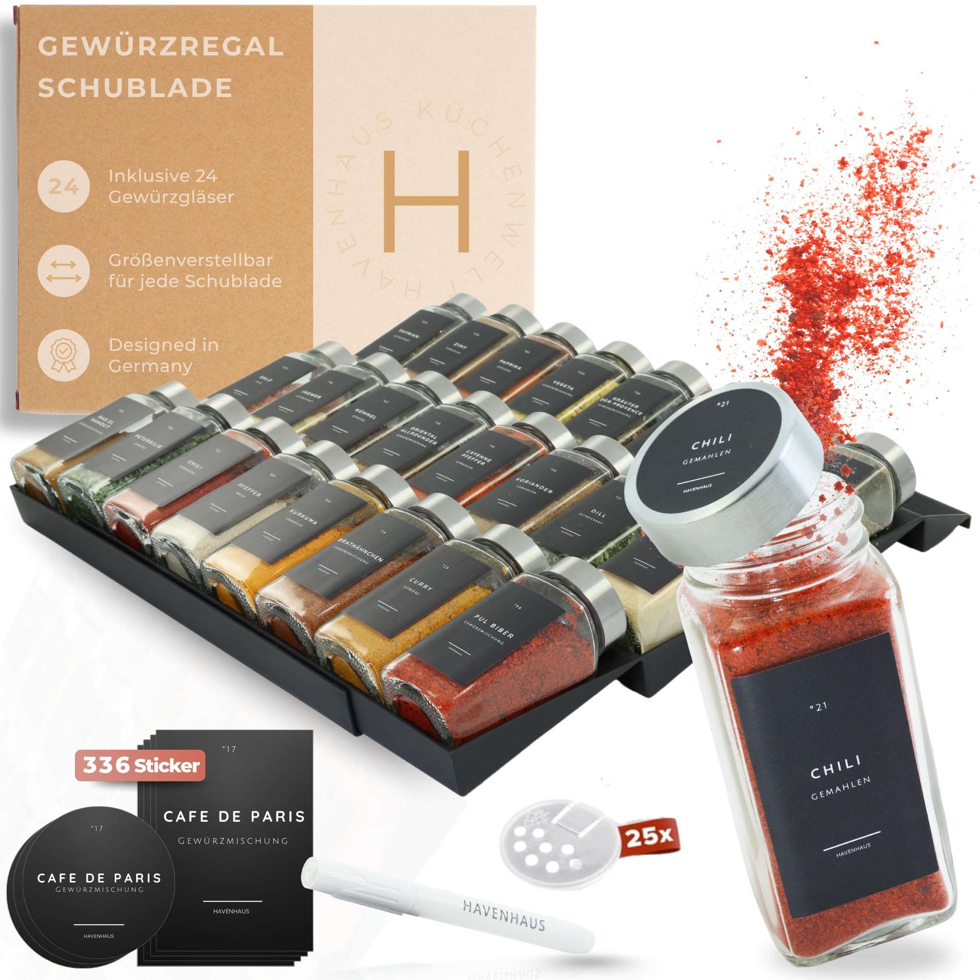 Havenhaus Gewürzgläser Set mit Regal | Gewürzregal Schublade inkl. 24 Gewürzgläser& 336 Gewürzetiketten | Gewürz Organizer Schublade verstellbar& passend für alle Schubladen | Gewürzeinsatz Schublade