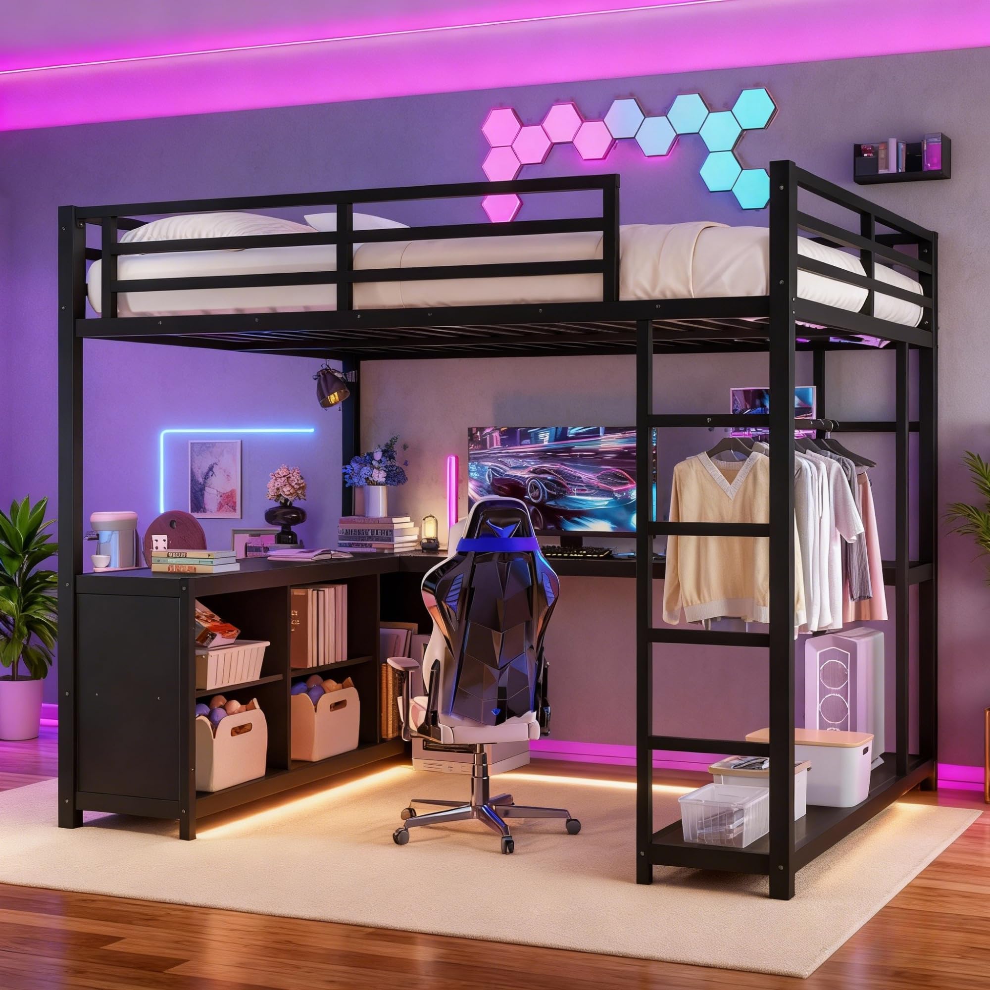 Queen Loft Bed with L-shaped Desk and Wardrobe, Metal Loftbed with Storage Cubes and Shelves, Heavy-duty Loft Bed Frame for Kids, Teens, Adults,
