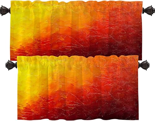 Shrahala Cenefas de cocina estilo grunge rojo naranja, color naranja degradado, pintura al óleo retro grunge, cortina de media ventana, tratamiento