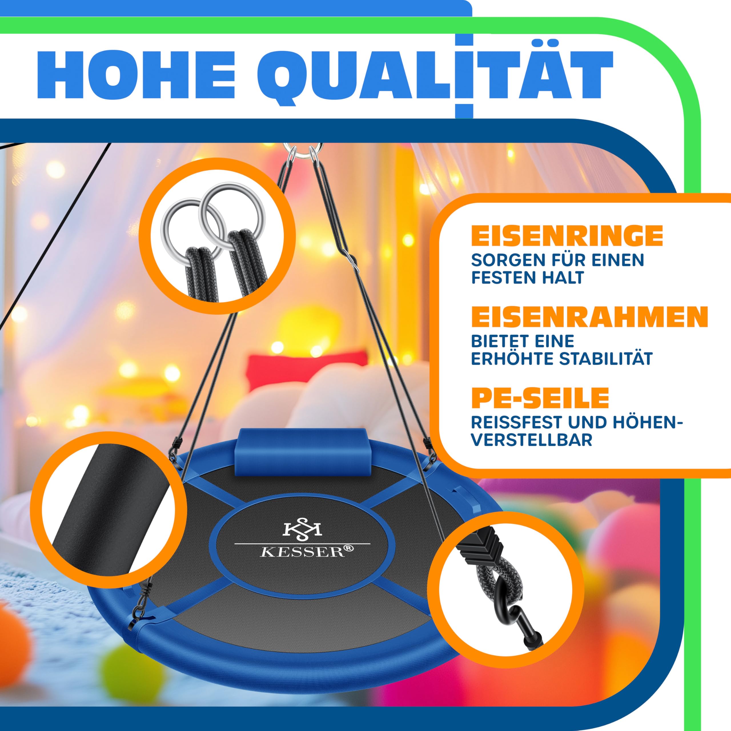 KESSER Nestschaukel Tellerschaukel Ø 120cm bis 300kg mit Kissen & 4 Griffen verstellbar Blau