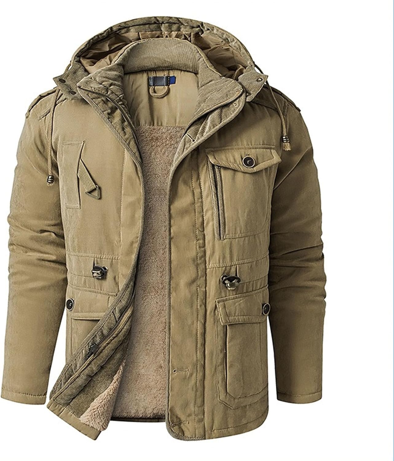 Men's Winter Thicken Hood Work Jackets Casual Fleece Lined Cotton Military Jacket Warm Cargo Pockets Outerwear