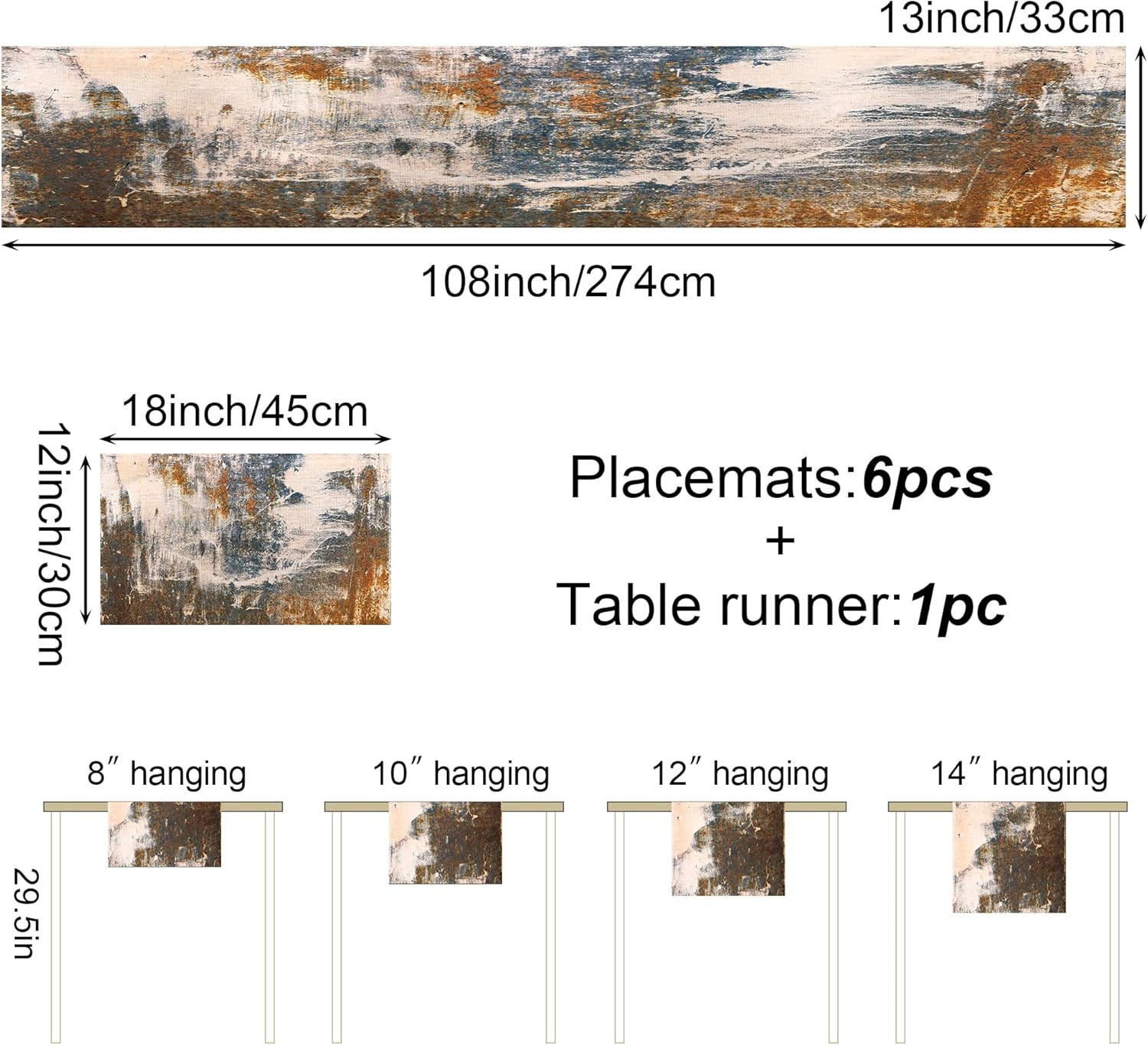 Rust Table Runner and Place Mats Set of 6 Abstract Blue and Brown Metal Steel Iron Rusty Stain Linen Dining Mat Sets Washable Vintage Splash Messy for Home Table Decorations 108 Inches Long