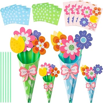 BeYumi Flower Bouquet Craft Kit - 48Pcs Mothers Day Flower Bouquet Craft in Two Colors for Kids Make Your Own Bunch of Flowers Teacher Appreciation Week DIY Gift School Classroom Home Fun Activities