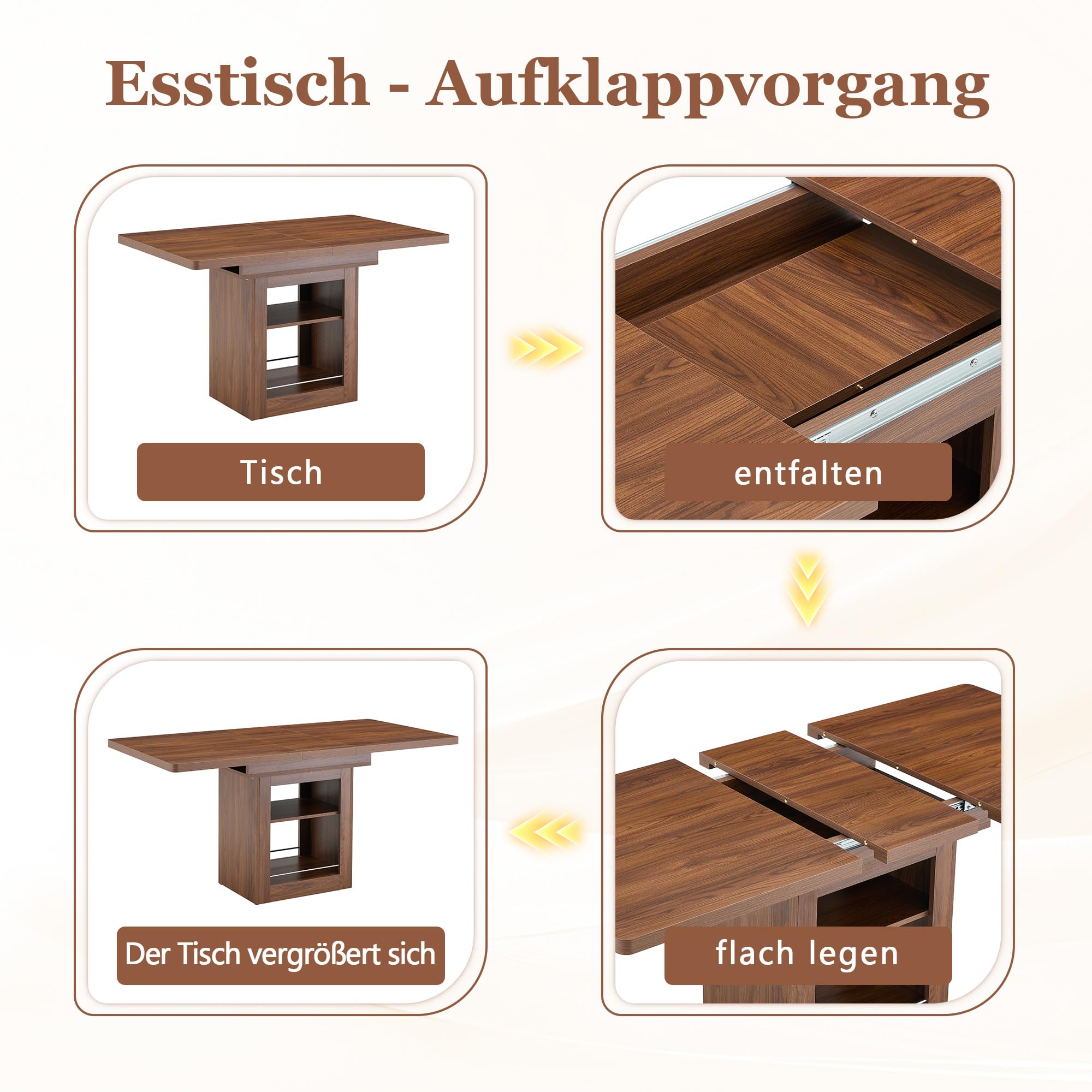Shye Tavolo da Pranzo Allungabile Moderno in Legno di Noce con Ripiano Tavolo da Cucina Salvaspazio per 4-8 Persone con Guide in Metallo