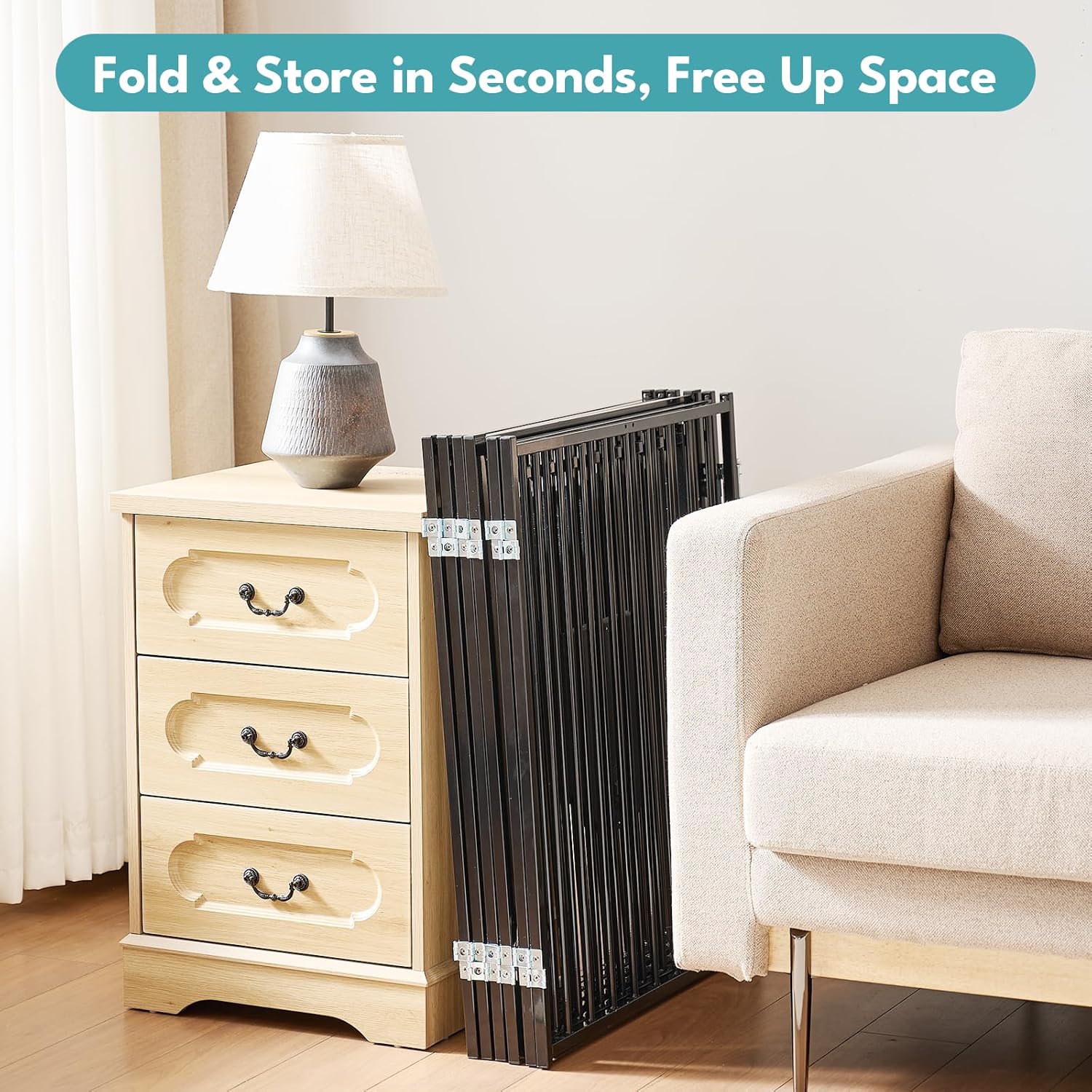 No Pawblems Free Standing Dog Gate with Cat Door 6 Panels + 2 Panels, 30'' Tall Foldable Dog Fence for Indoor & Outdoor, Up to 208 Inch Extra Wide Puppy Gate for Stairs, Hallways, Doorways, Black