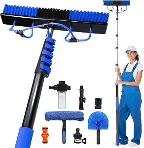 30FT Reach Solar Panel Cleaning Kit with Extendable Water Fed Pole, 20" Solar Panel Brush, Window Squeegee, Cobweb Duster & Soap Dispenser