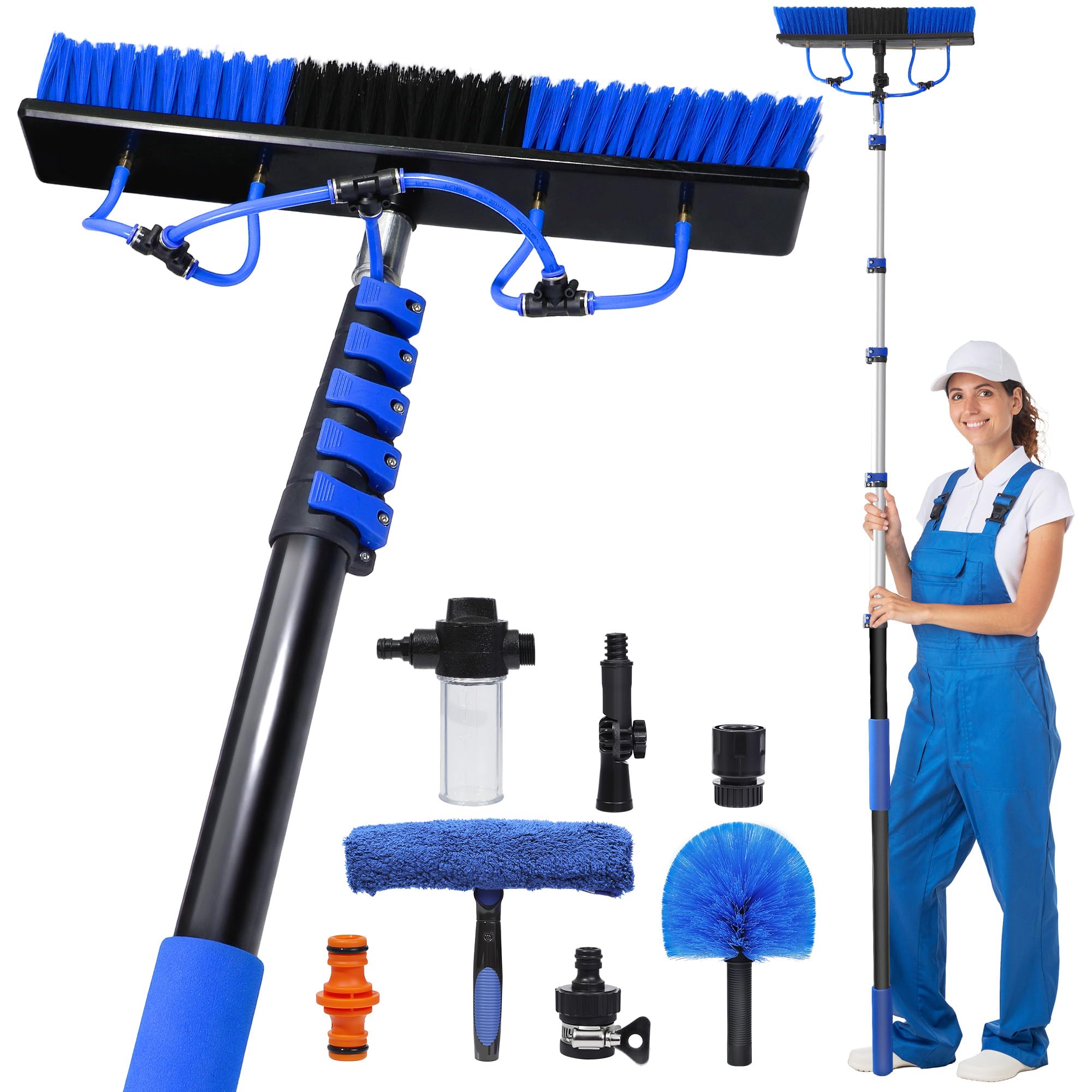 Photo 1 of 30FT Reach Solar Panel Cleaning Kit with 5-24FT Extendable Water Fed Pole, 20" Solar Panel Brush, Window Squeegee, Cobweb Duster & Soap Dispenser Solar Panel Washing Kit for PV, Ceilings & Gutters