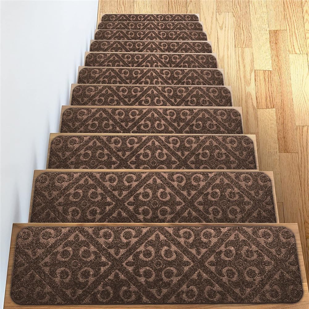 TYYCKJ Carpet Stair Treads Self Adhesive, 20x76cm Non-Slip Carpet Stair Runner Carpet Stairs Mats Removable Reused for Kids Elders and Pets (15pcs,Brown)