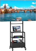 Rolling TV Stand on Wheels with Mount and Fabric Drawer, Black | Fit corners, Height Adjustable, 4 Casters, Fabric Storage Drawer, Scratch-resistant, Easy to clean