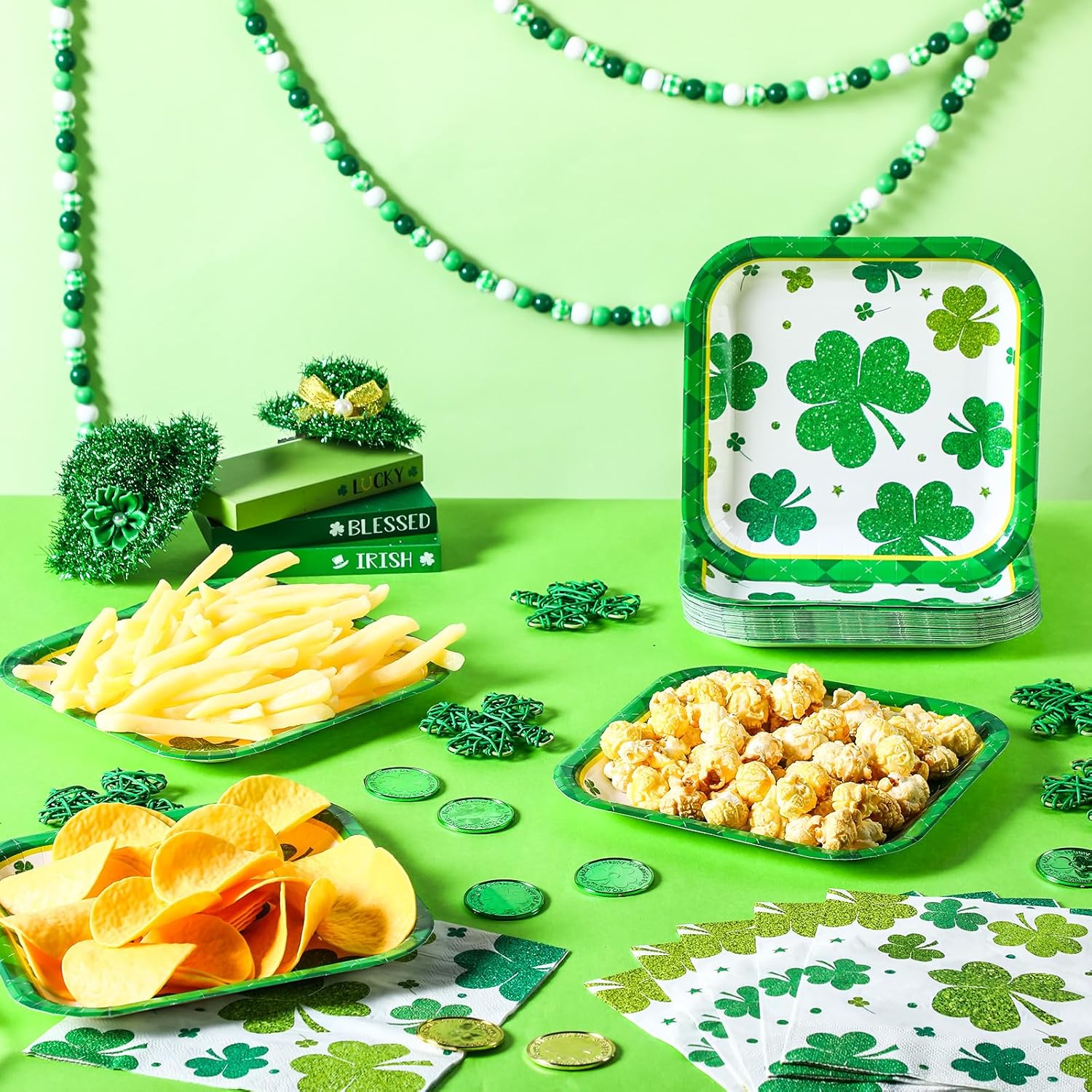 Zhehao 72 Pcs St. Patrick's Day Plates and Napkins Set Serve 36, 7" Square Shamrock Paper Dessert Plates and Napkins Green Clover Disposable Dinnerware Decoration for Irish Festival Party Supplies