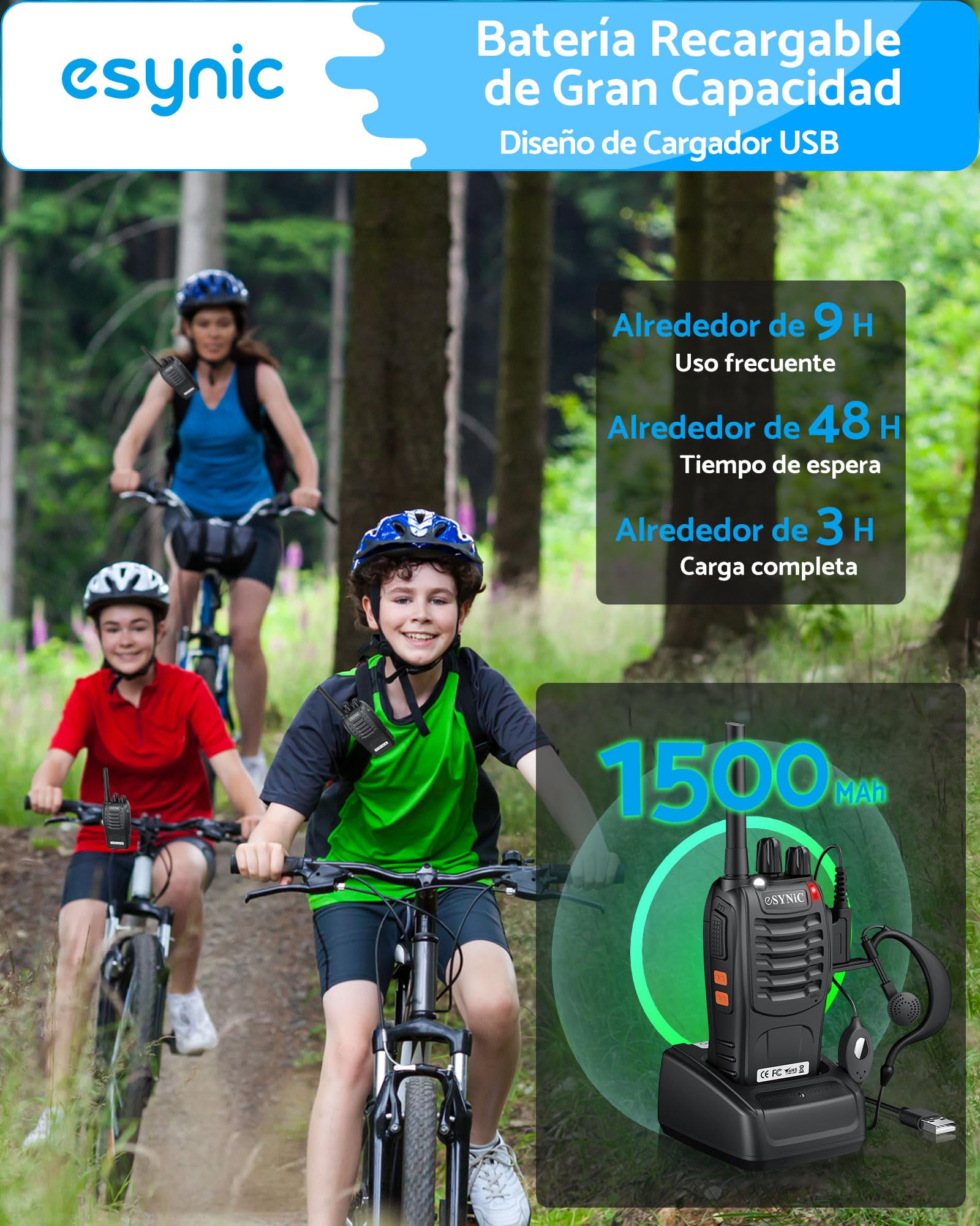 ESYNiC 2 Paia Walkie Talkie Ricaricabile VOX Radio PMR446MHz 0.5W Frequenza Civile Ricetrasmittente Portatile 16 Canali Singola Banda Woki Toki con USB Caricabatterie per Negozi Sopravvivenza Ciclismo - 5