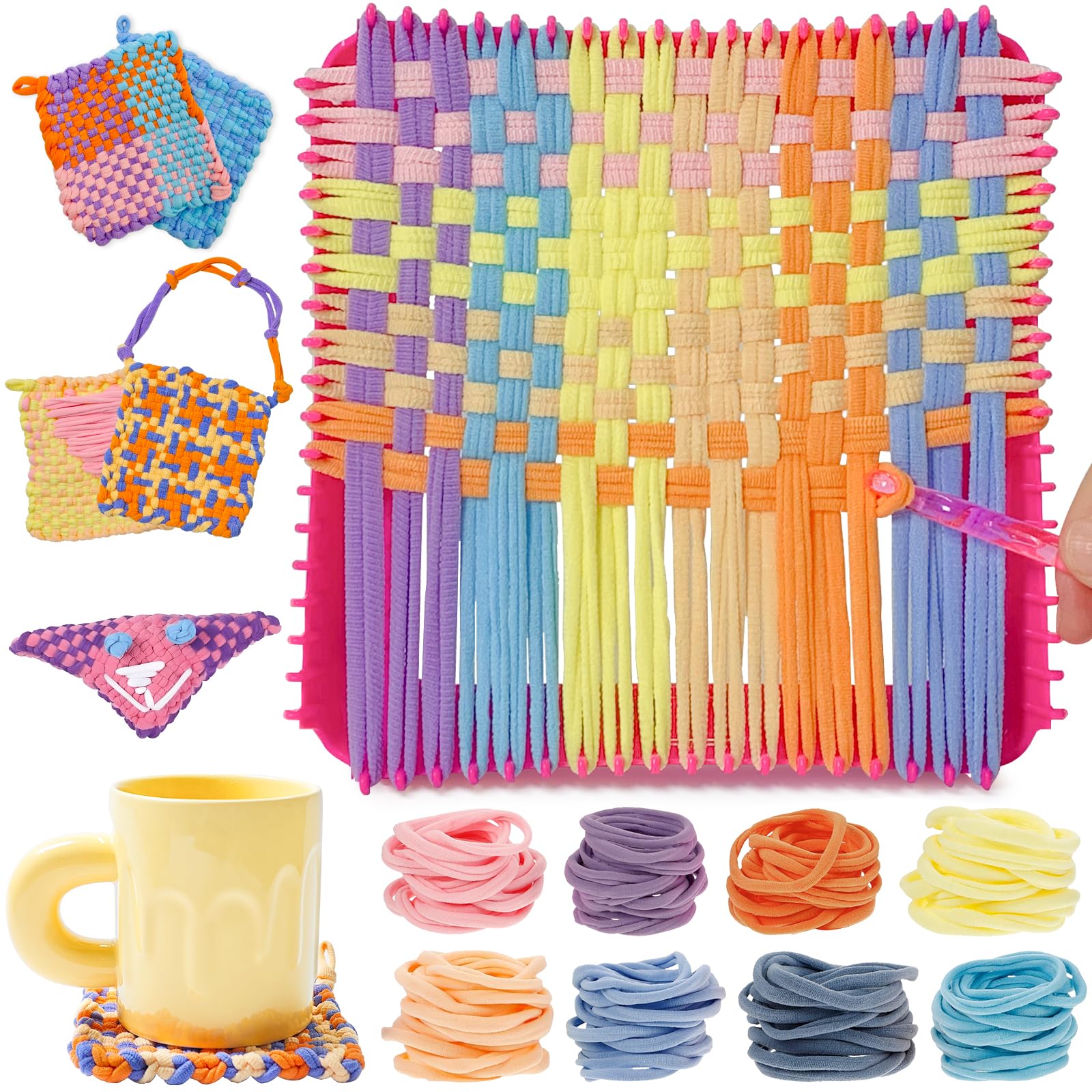 ZJEFUNS Kit di telaio per tessitura, giocattoli per bambini e adulti, fai da te, arti e mestieri per ragazze di età 5 6 7 8 9 10 12, kit per maglieria con telaio per pentole, include 8 anelli colorati