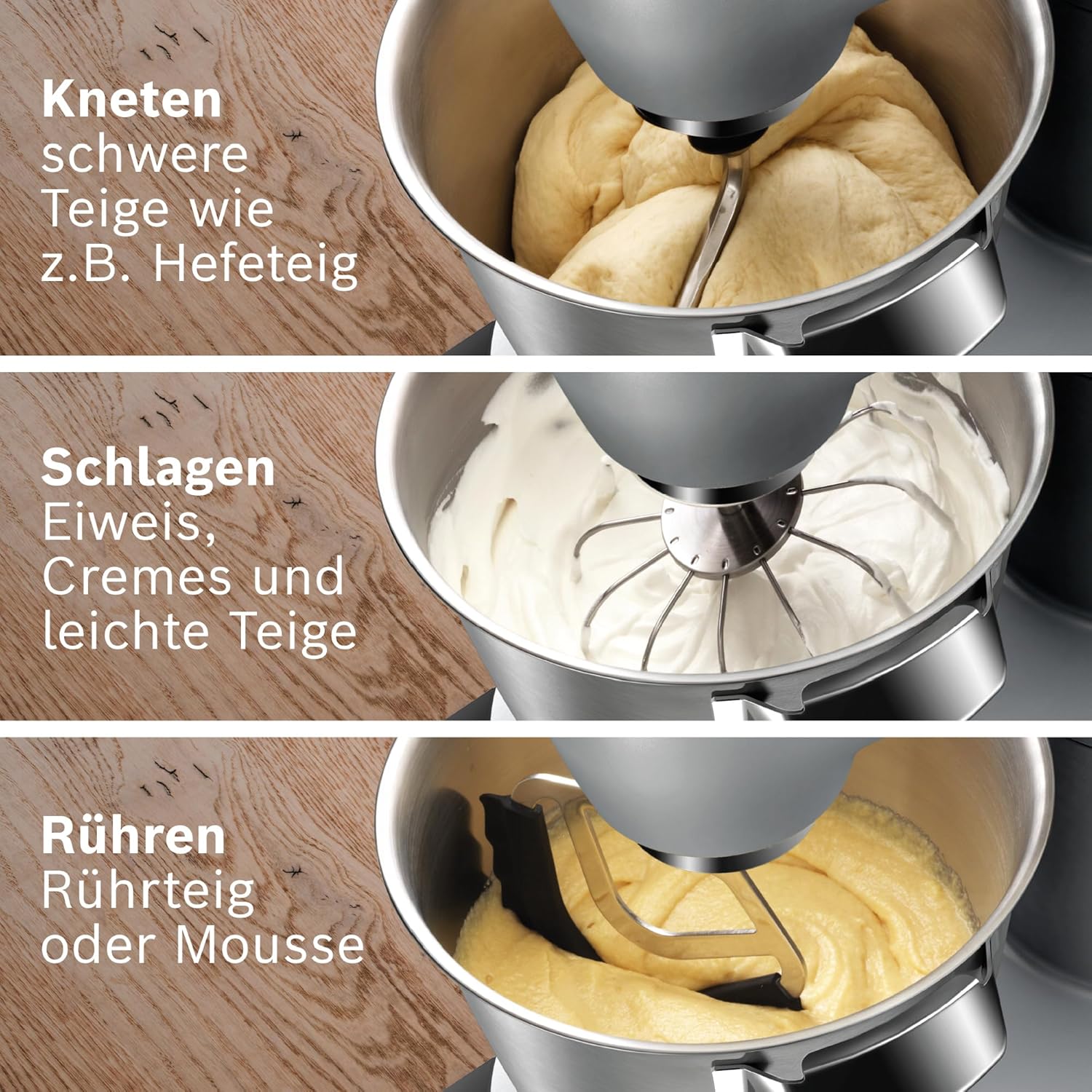 Three images demonstrating the Bosch OptiMUM's functions: kneading heavy yeast dough, beating egg whites and creams, and stirring batter or mousse.