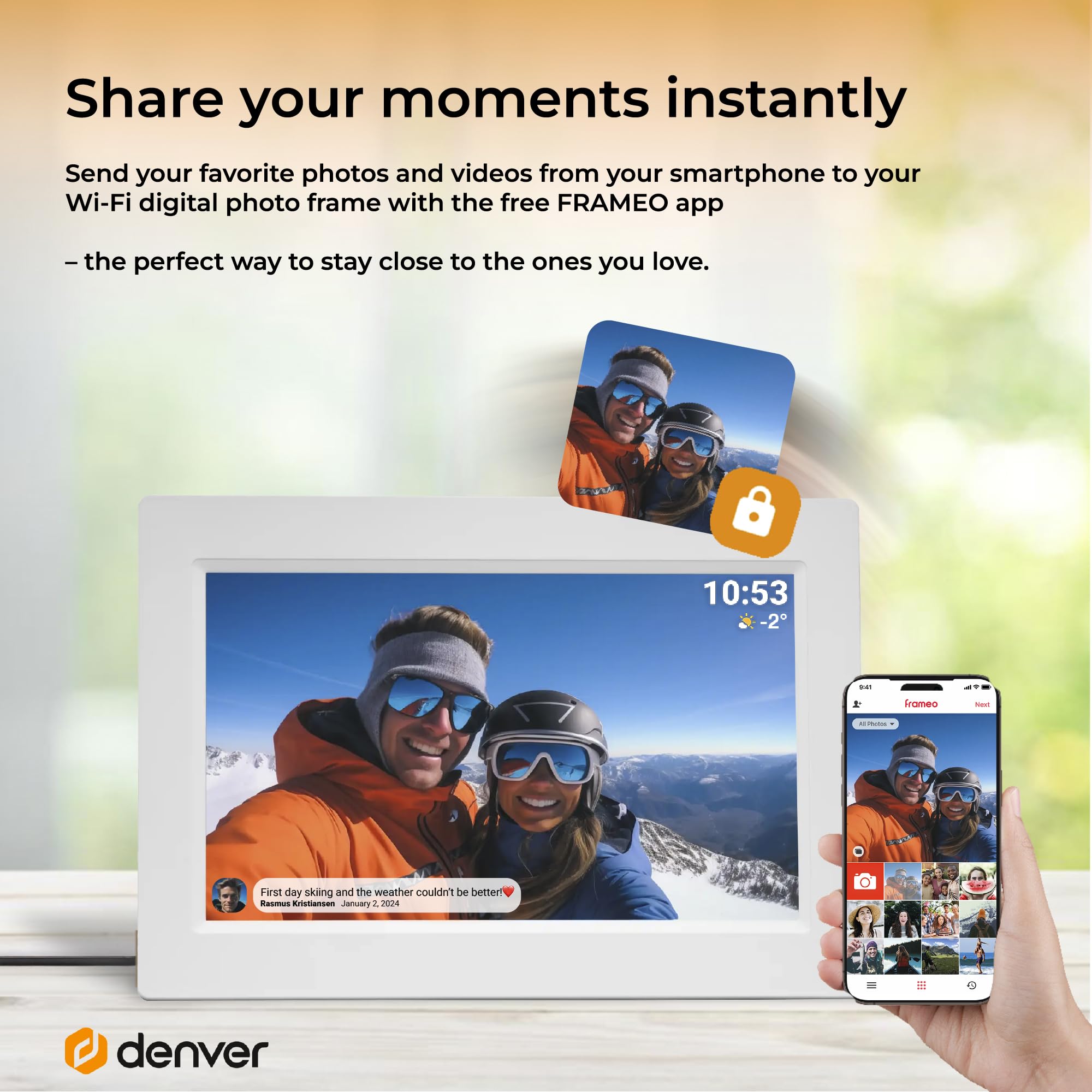 Denver Frameo Marco Digital WiFi 10,1 Pulgadas, Pantalla IPS táctil 1280 x 800, 16 GB, App Frameo, Color Blanco