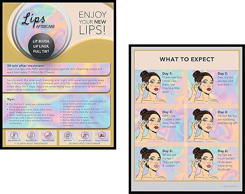 BRAWNA Paquete de 50 tarjetas de cuidado posterior de rubor de labios, suministros de PMU, kit de PMU, suministros de rubor de labios, tamaño 5.5 x