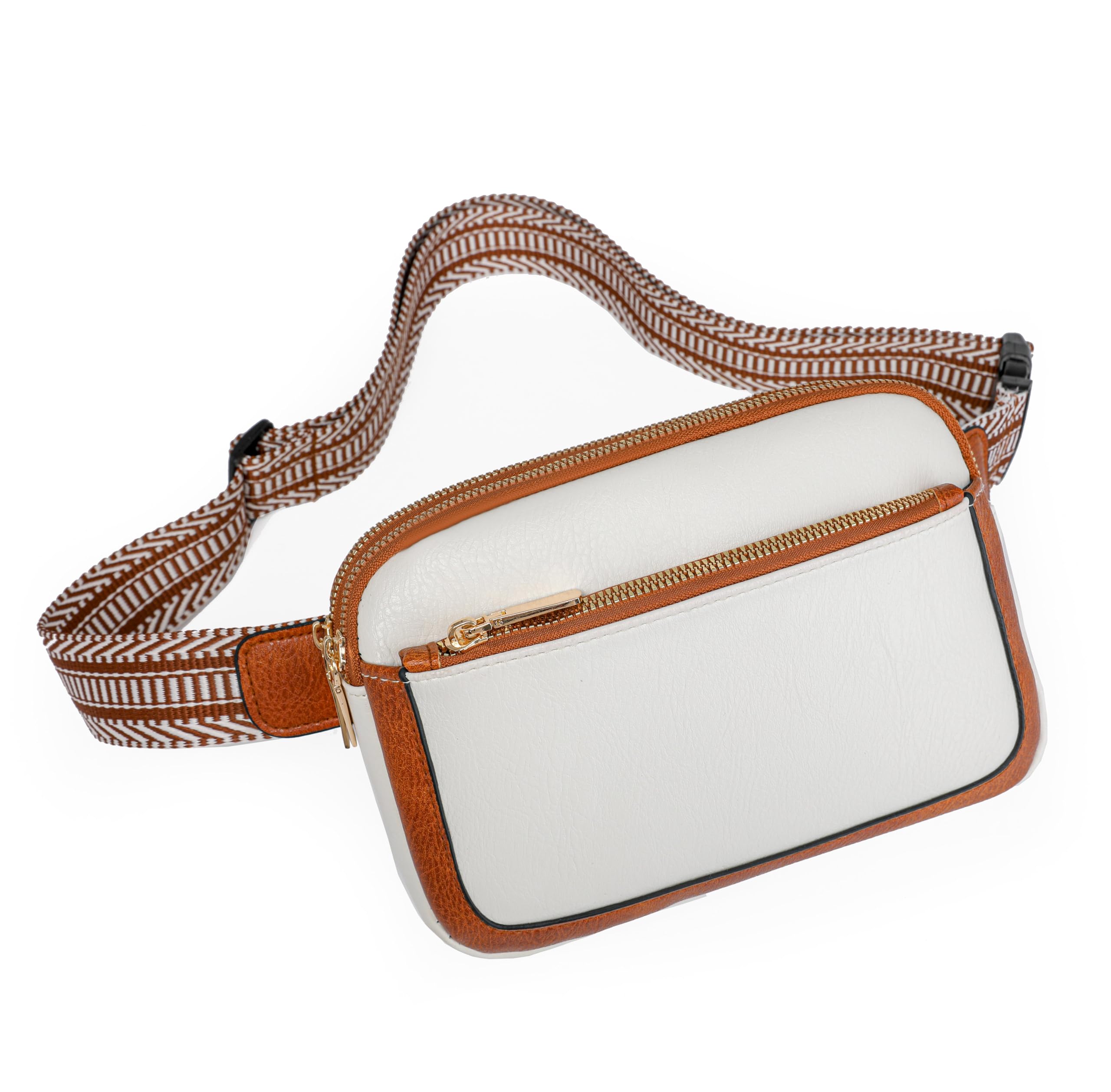 Fanny Packs for Women Vegan Leather Waist Packs with Adjustable Strap, Crossbody Purse Belt Bag for Women (A Off White-Brown)