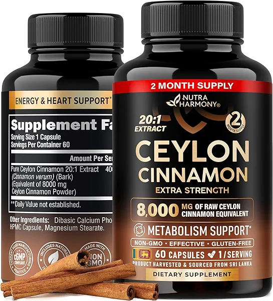 Ceylon Cinnamon Capsules - Extra Strength - Energy Heart & Metabolism Support for Men & Women - Pure Natural Cinnamon 20:1 Extract Supplement - GMO & Gluten Free - Made in USA - 60 Capsules 2 Month