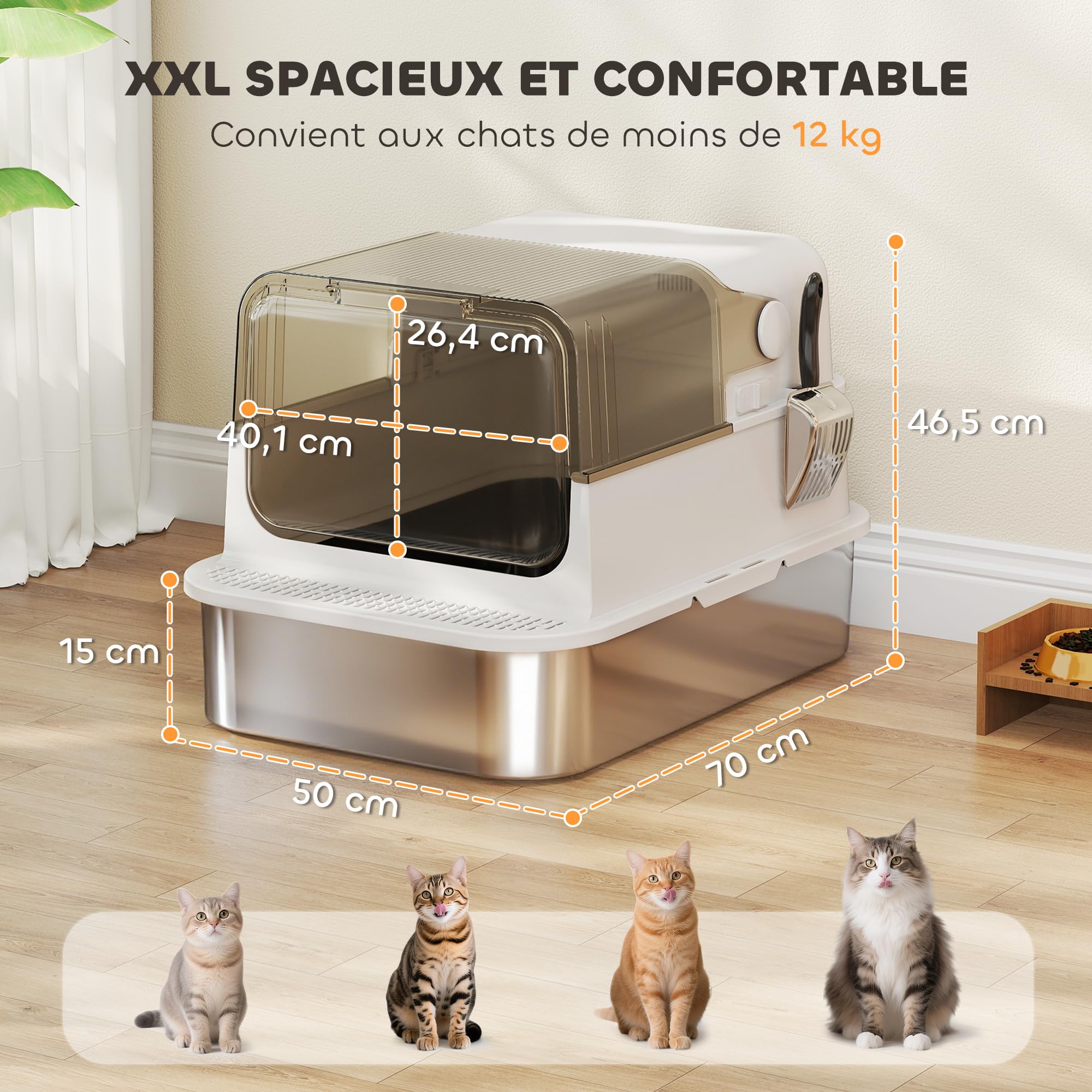 PawHut Bac à litière pour Chat fermé avec Pelle 70 x 50 x 46,5 cm Blanc | Maison de Toilette pour Chat, Acier Inoxydable, Couvercle Ouvrable, Anti-Fuite, Nettoyage Facile