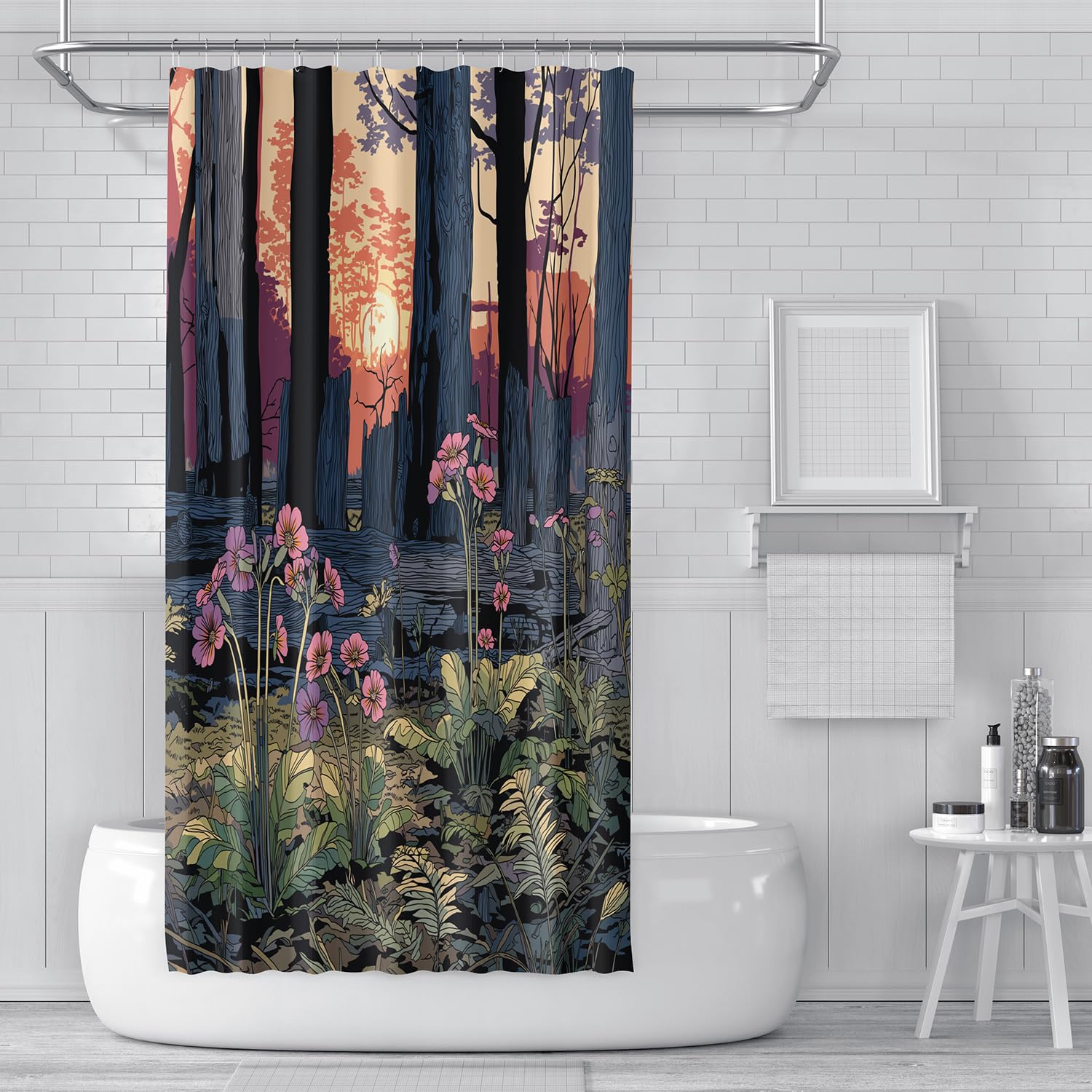 Cortina de Ducha con Diseño de Bosque y Atardecer,con Flores Rosas y Moradas Al Atardecer,para Mujer,Fácil de Instalar y Lavable a Máquina,con Ganchos de Plástico,200Anx200Alcm (1 Panel).