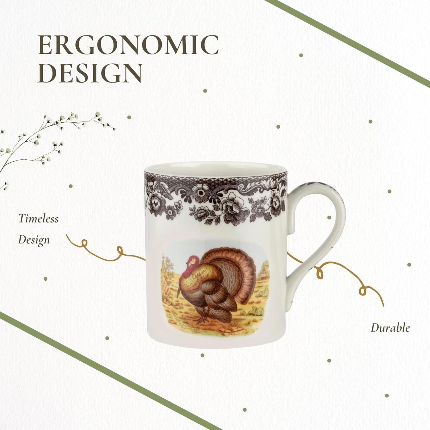 Spode Woodland Turkey 16 oz Mug - Fine Porcelain with Historic Brown Floral Border, Thanksgiving Drinkware for Hot Beverages - Microwave, Oven & Freezer Safe, British Country-Inspired Design