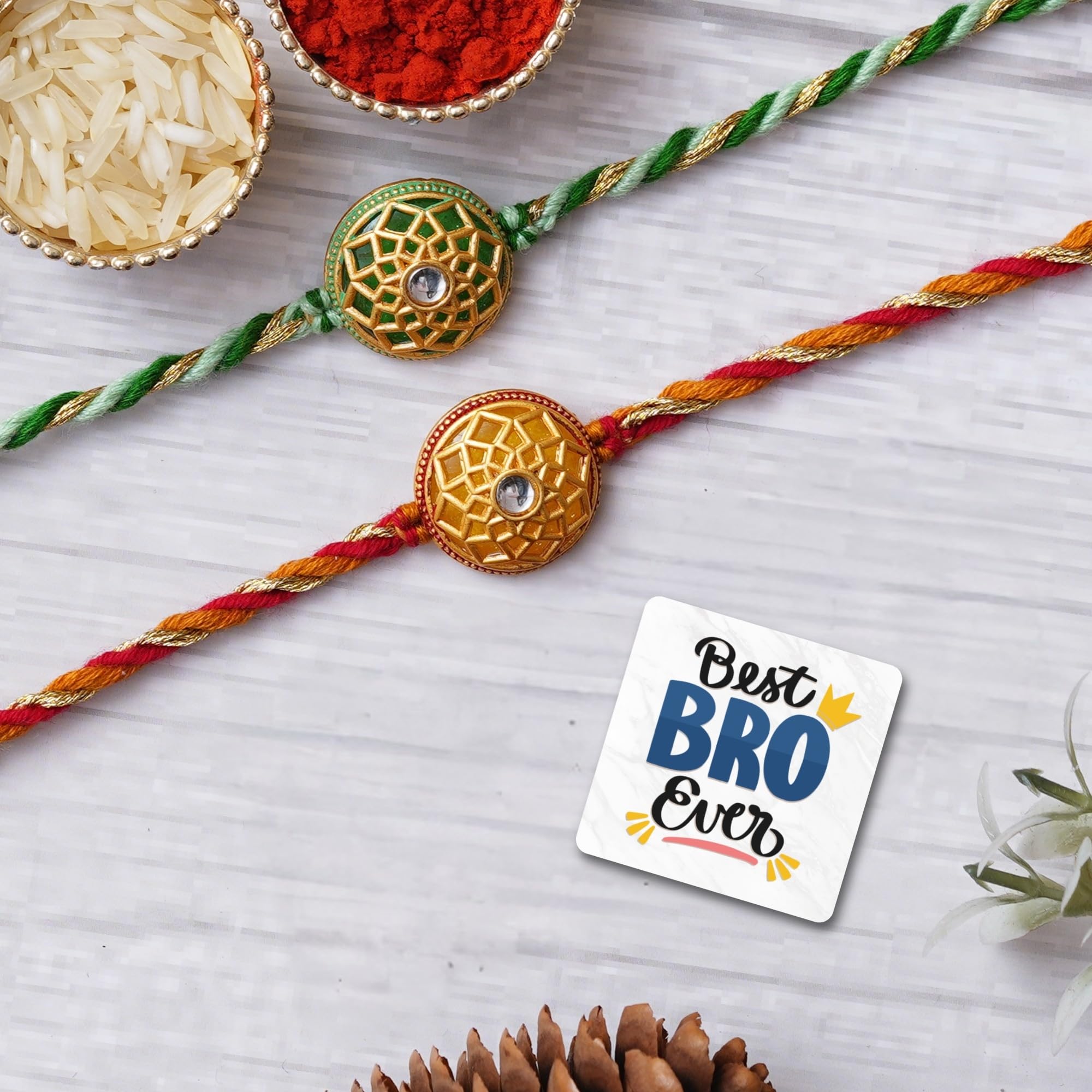 eCraftIndia Set of 2 Green & Yellow Flowers Designer Rakhis, Best Bro Ever Fridge Magnet with Roli Chawal Pack - Rakhis for Brother, Bhabhi, Kids-picture-19