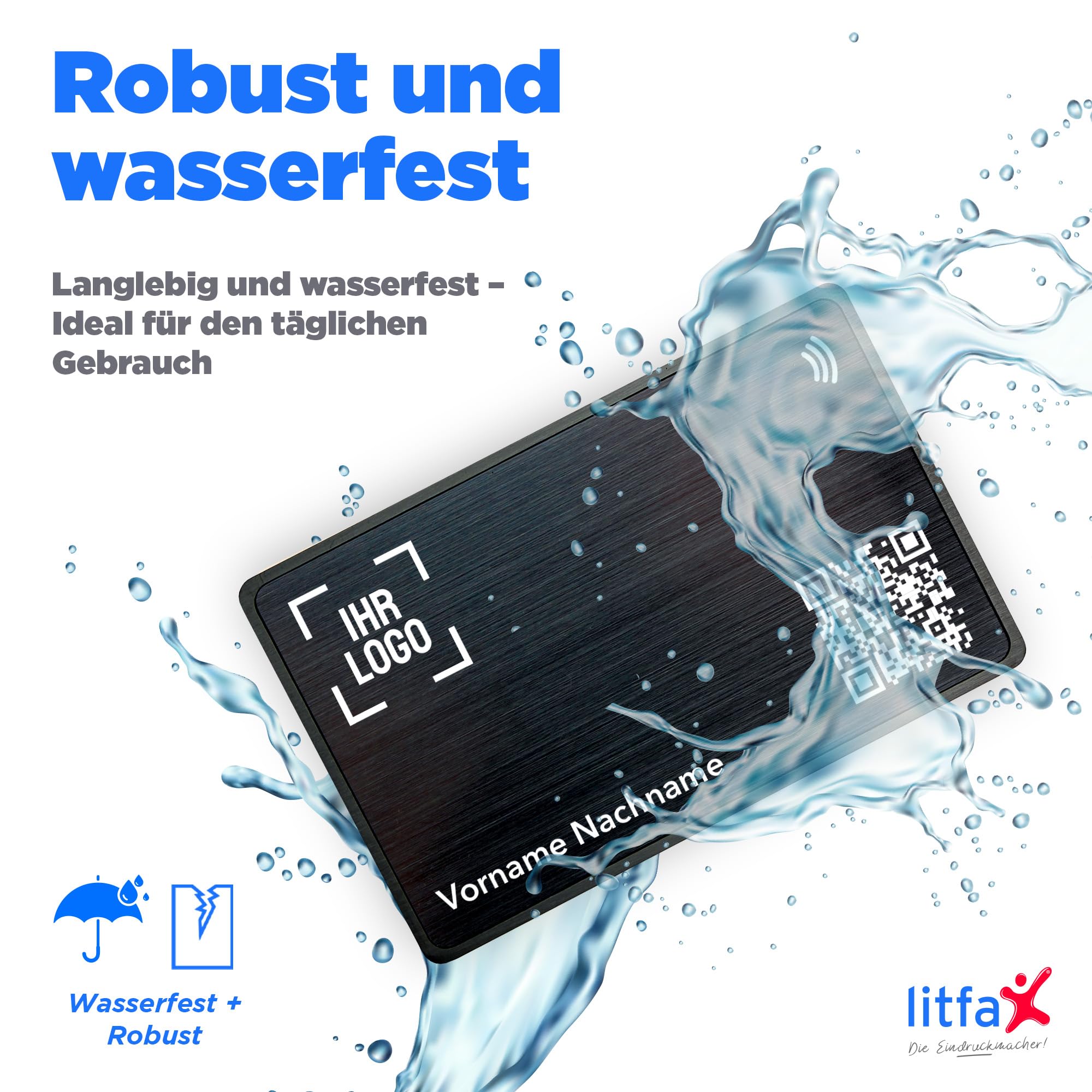Litfax Digitale NFC Visitenkarte – Metall – NFC Karte inkl. Website & vCard-Profil – Keine monatlichen Gebühren – Kompatibel mit Smartphones (Android und iOS) (Metall Schwarz)