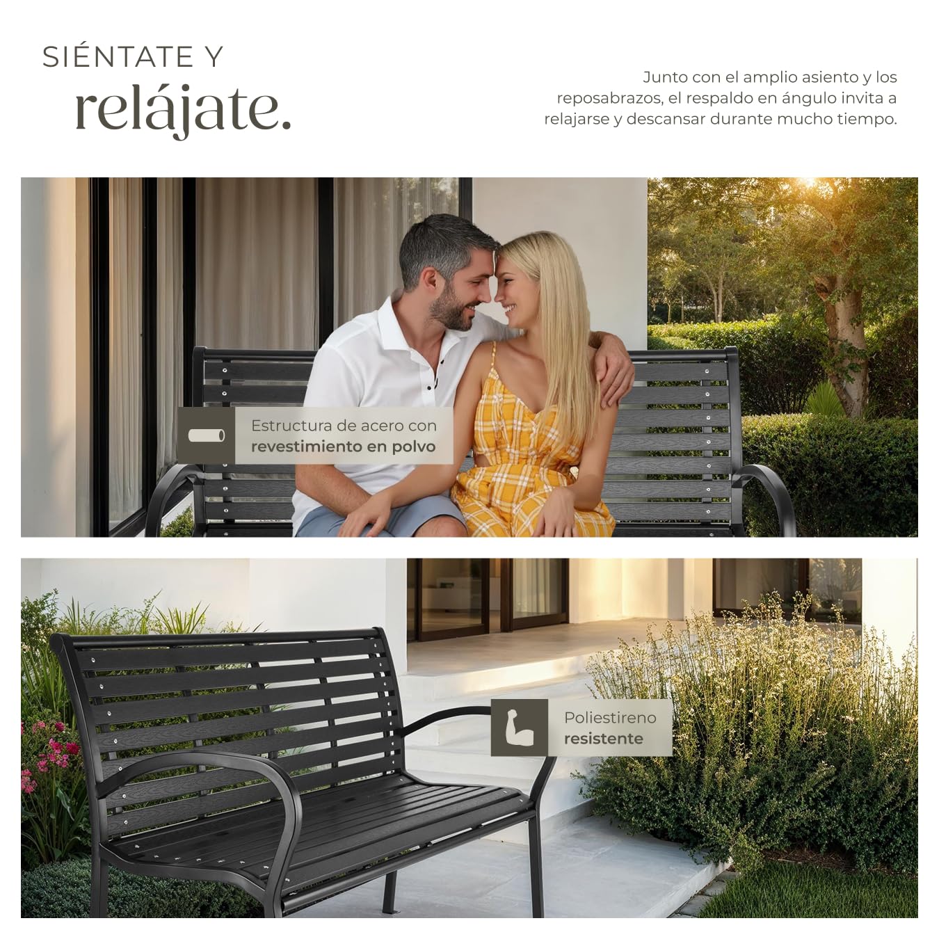 tectake® Banco de Jardín 3 Plazas, Estructura Acero Lacado, Apto Exterior, Mueble Jardín, Banco Terraza, Banco Madera Rustico, Chill out Exterior Terraza, Fácil Montaje - Negro