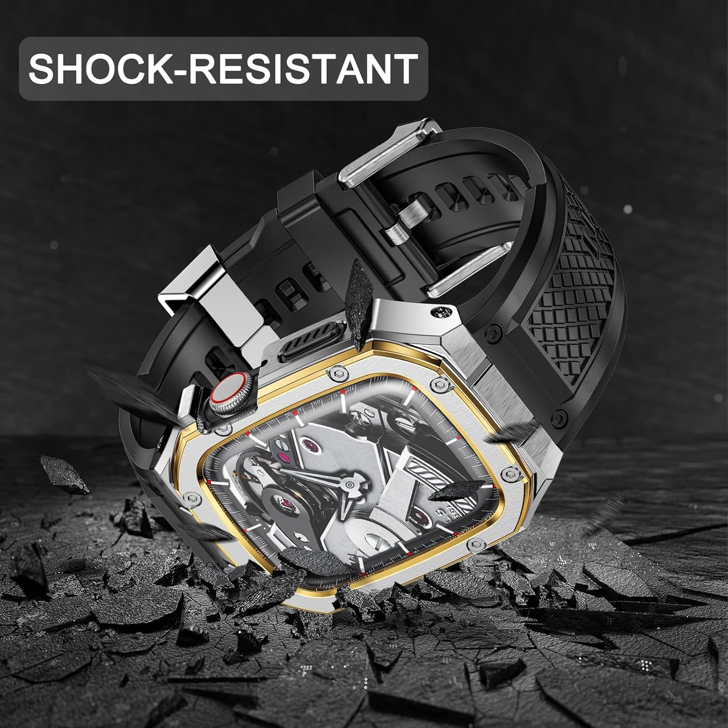 SUPLINK Stainless Steel Case with Silicone Band Compatible with Apple Watch Series 9 8 7 45mm Metal Rugged Protector Cover for iWatch Men (Silver/Gold) - Image 4