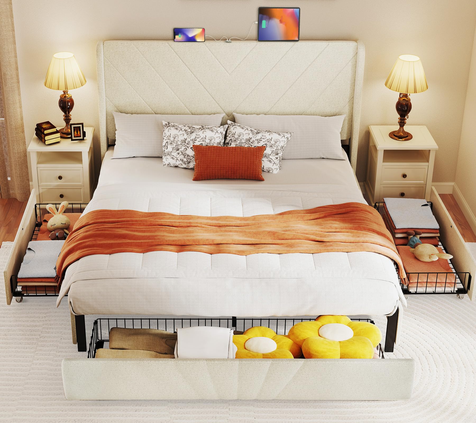 GTRACING King Size Bed Frame and Headboard Fabric Upholstered and All-Metal Support System King Bed Frame with 3 Storage Drawers No Box Spring Needed/